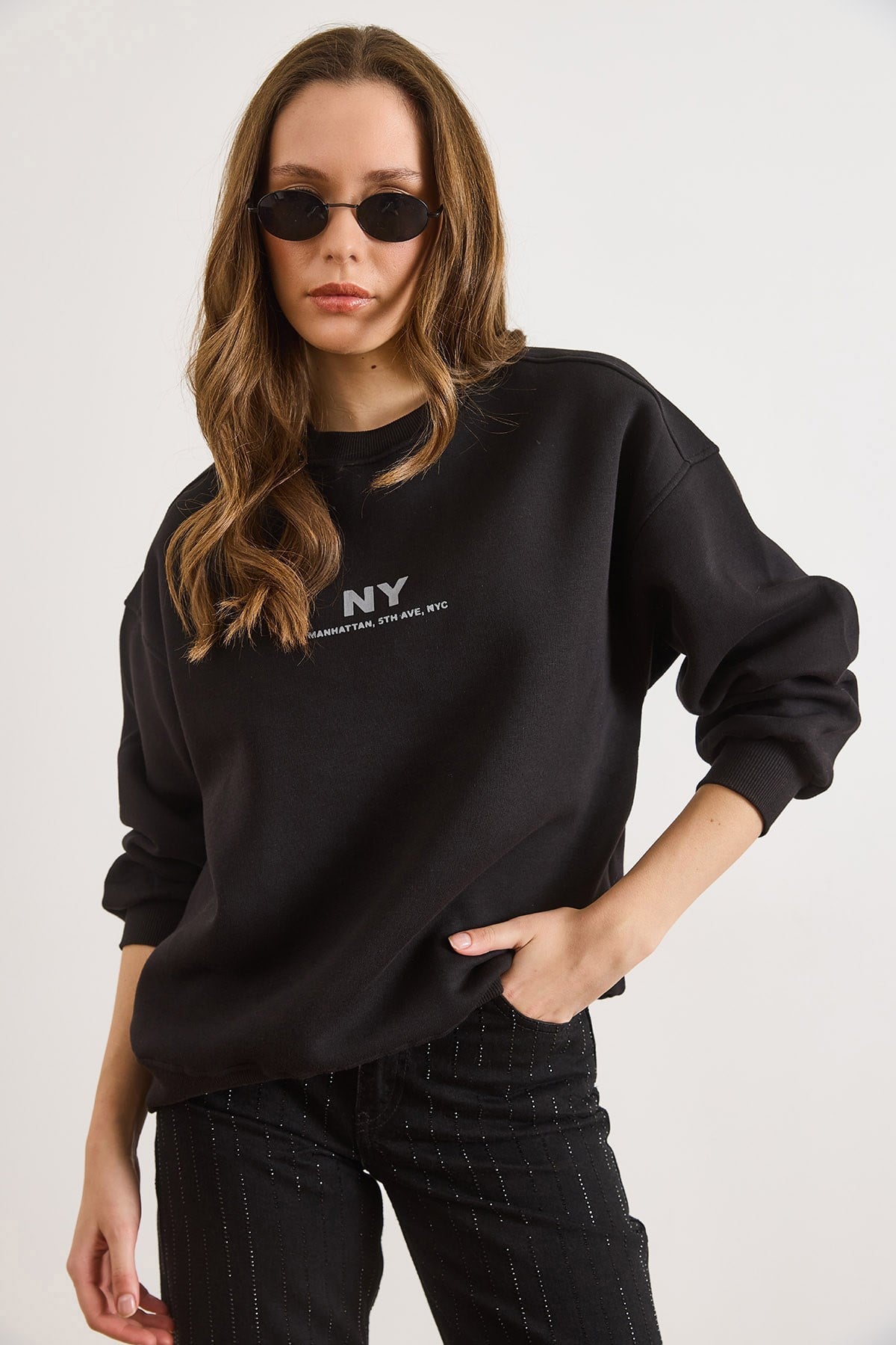 Ny Şardonlu Oversize Sweatshirt Siyah