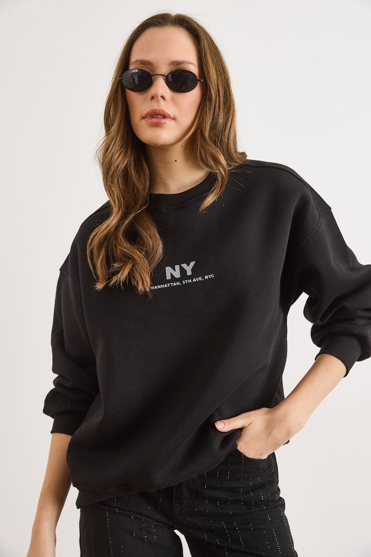 Ny Şardonlu Oversize Sweatshirt Siyah