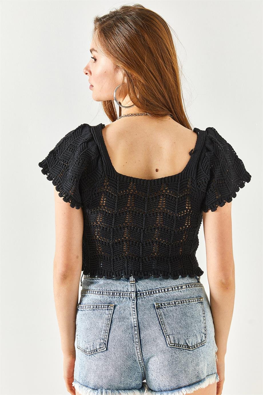 Omuz Detaylı Ajurlu Crop Triko Bluz Siyah