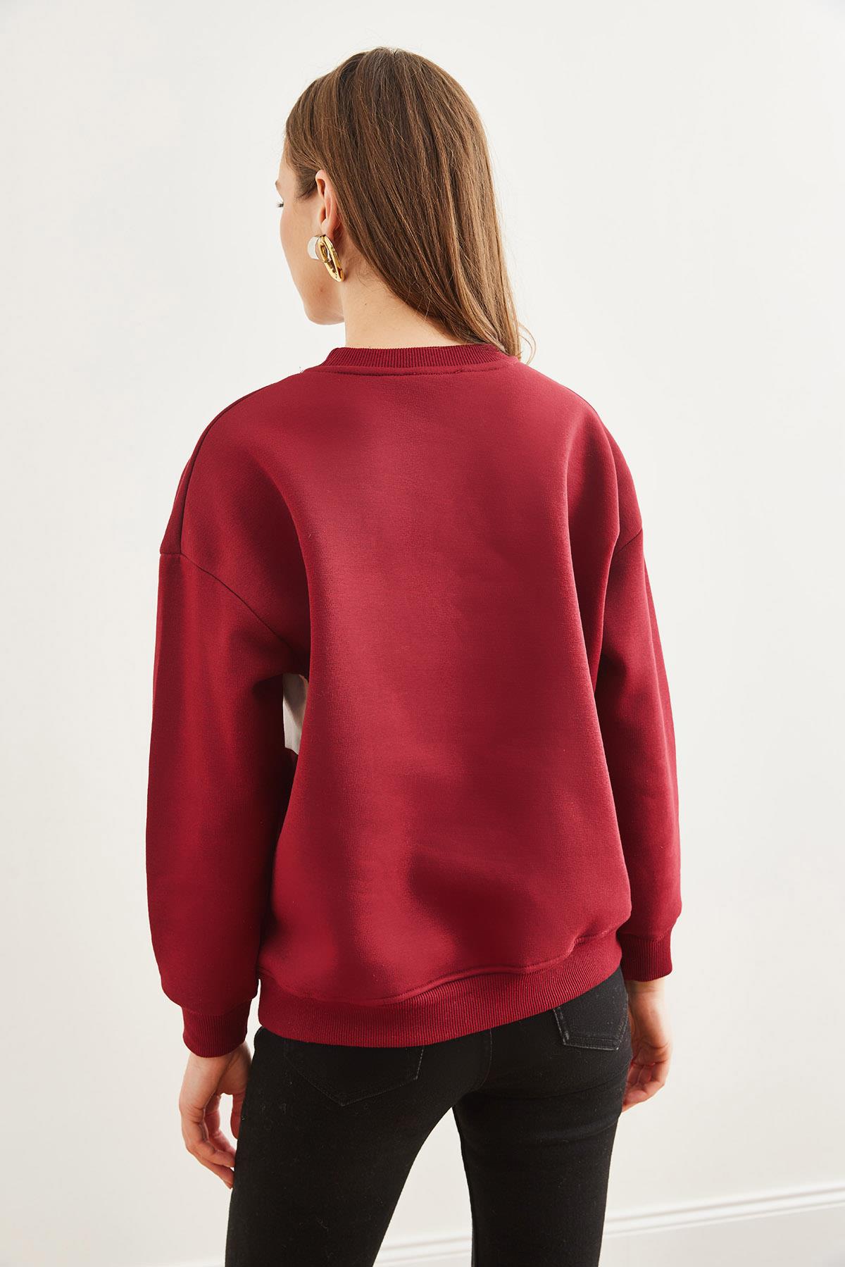 Omuz Kalp Nakışlı Şardonlu Sweatshirt Bordo