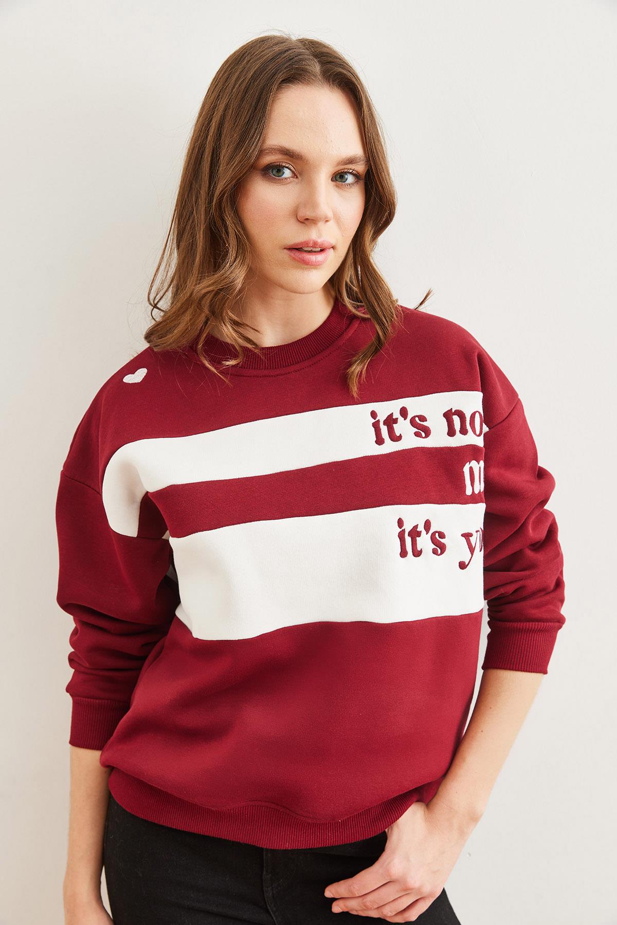 Omuz Kalp Nakışlı Şardonlu Sweatshirt Bordo