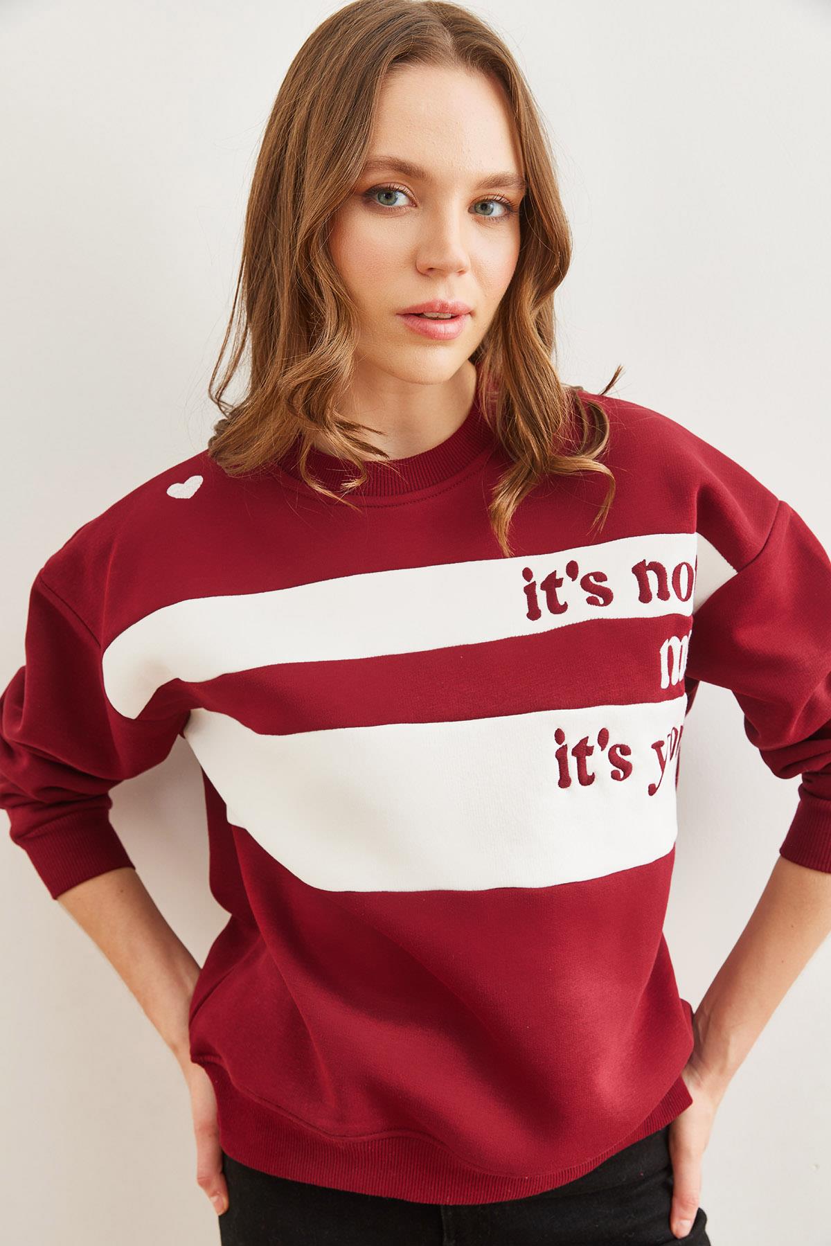 Omuz Kalp Nakışlı Şardonlu Sweatshirt Bordo