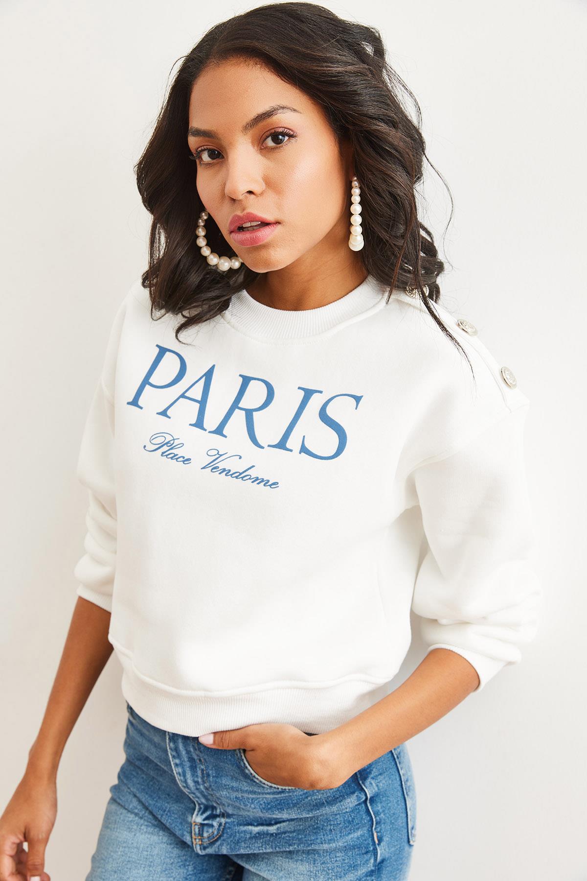 Omuzu Düğme Detaylı Şardonlu Crop Kalın Sweatshirt Beyaz