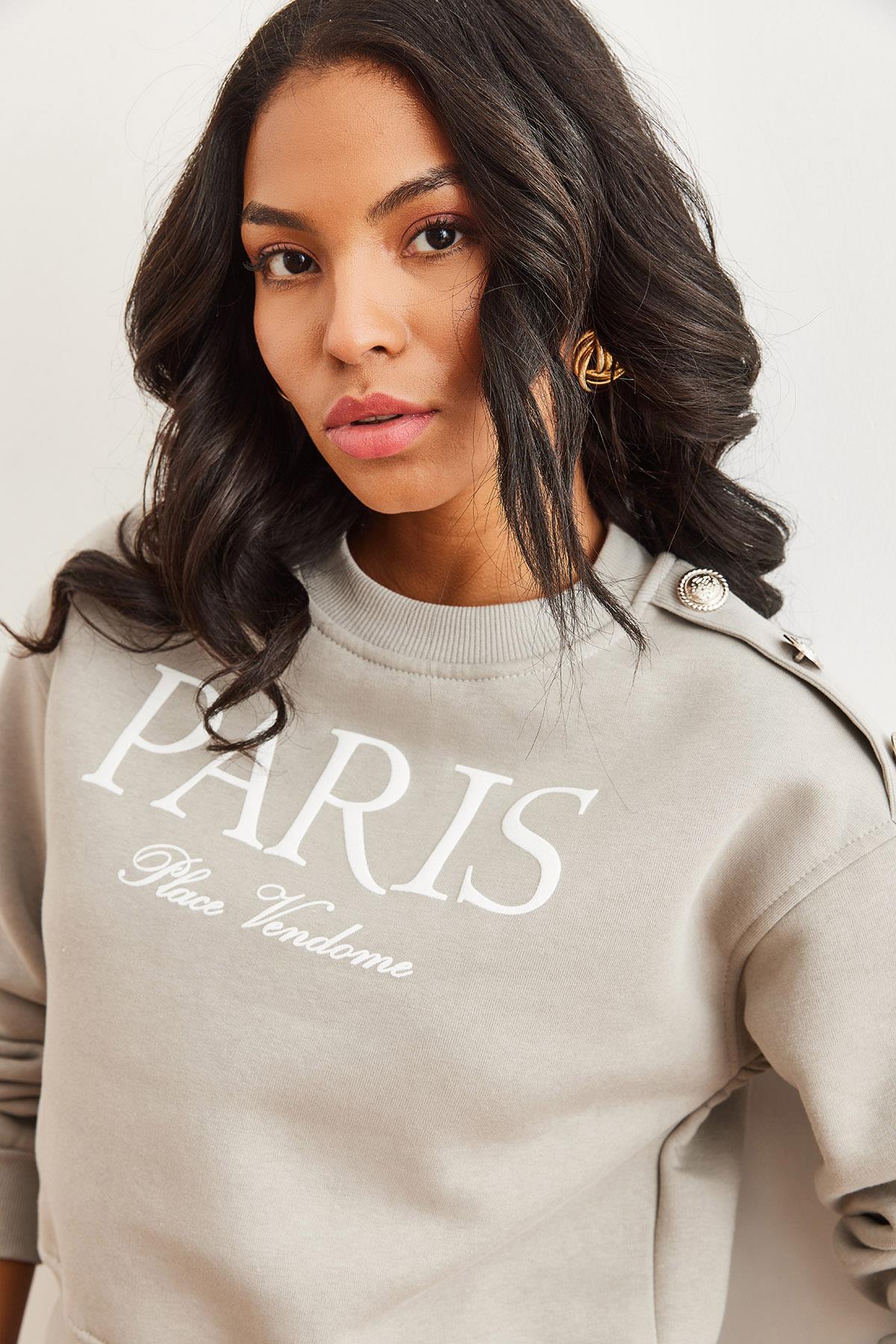 Omuzu Düğme Detaylı Şardonlu Crop Kalın Sweatshirt Yunus Gri