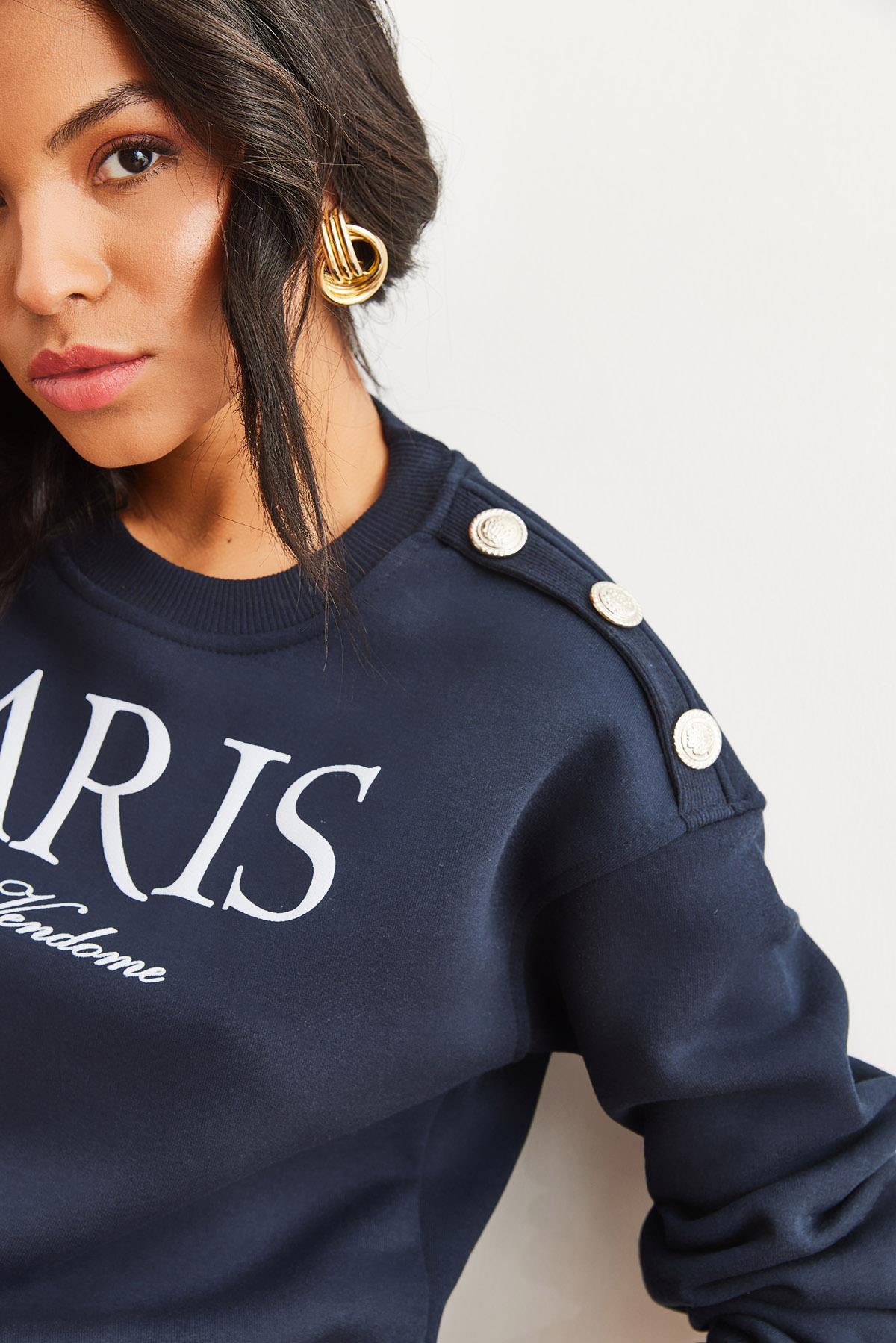 Omuzu Düğme Detaylı Şardonlu Crop Kalın Sweatshirt Lacivert