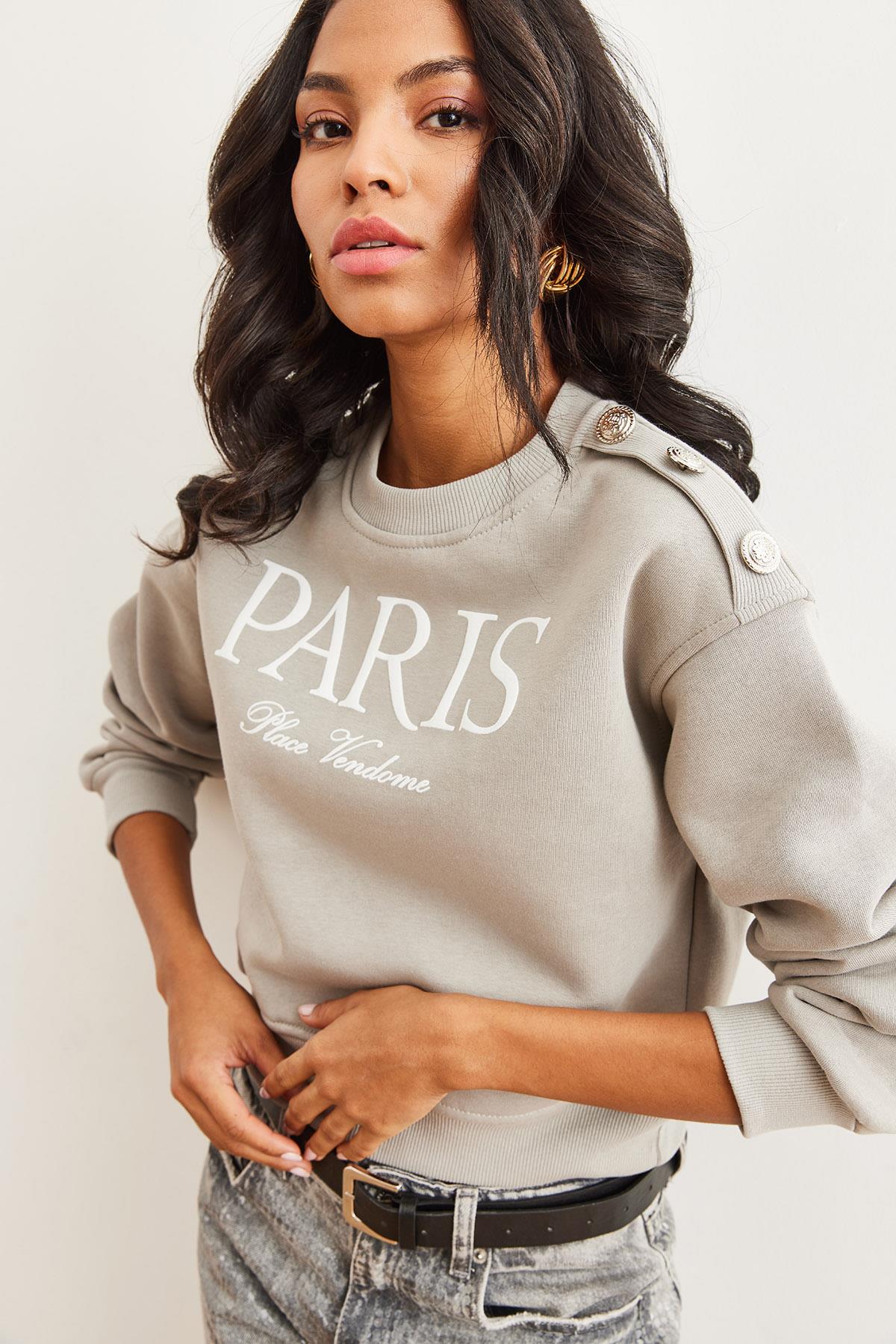 Omuzu Düğme Detaylı Şardonlu Crop Kalın Sweatshirt Yunus Gri