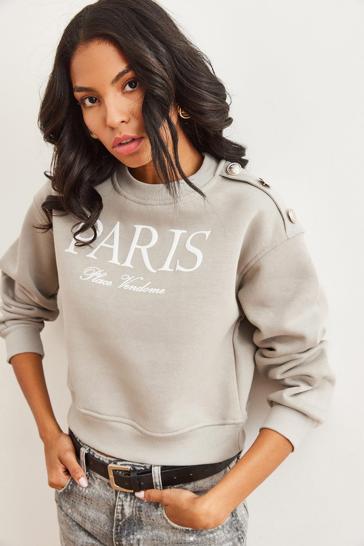 Omuzu Düğme Detaylı Şardonlu Crop Kalın Sweatshirt Yunus Gri