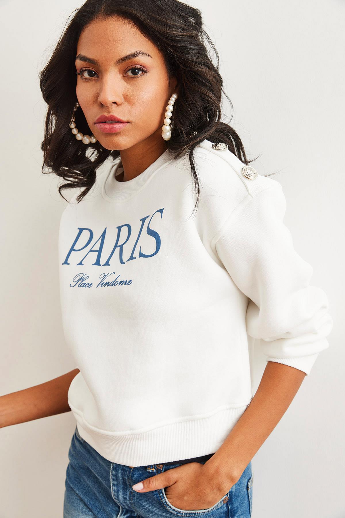 Omuzu Düğme Detaylı Şardonlu Crop Kalın Sweatshirt Beyaz