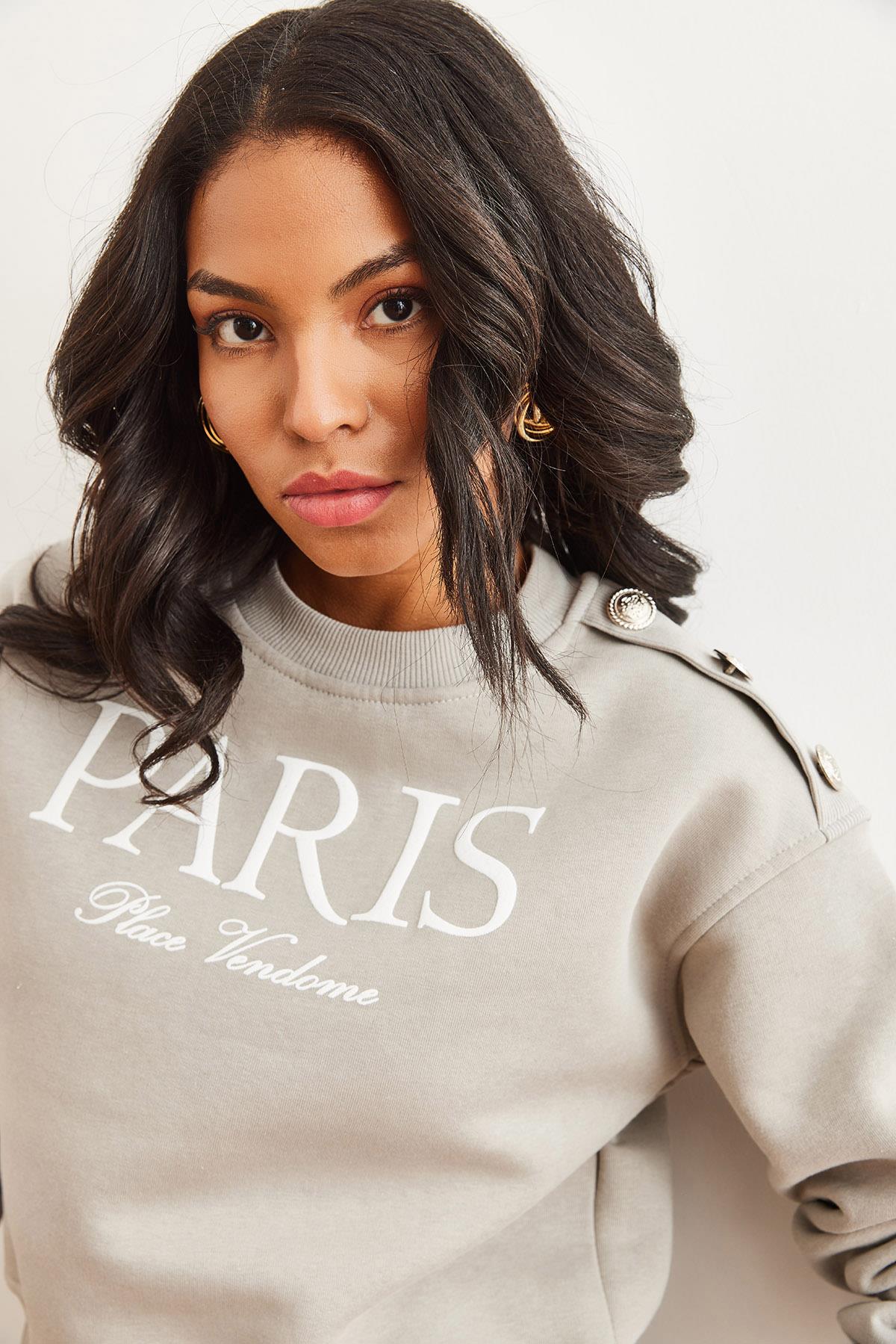 Omuzu Düğme Detaylı Şardonlu Crop Kalın Sweatshirt Yunus Gri