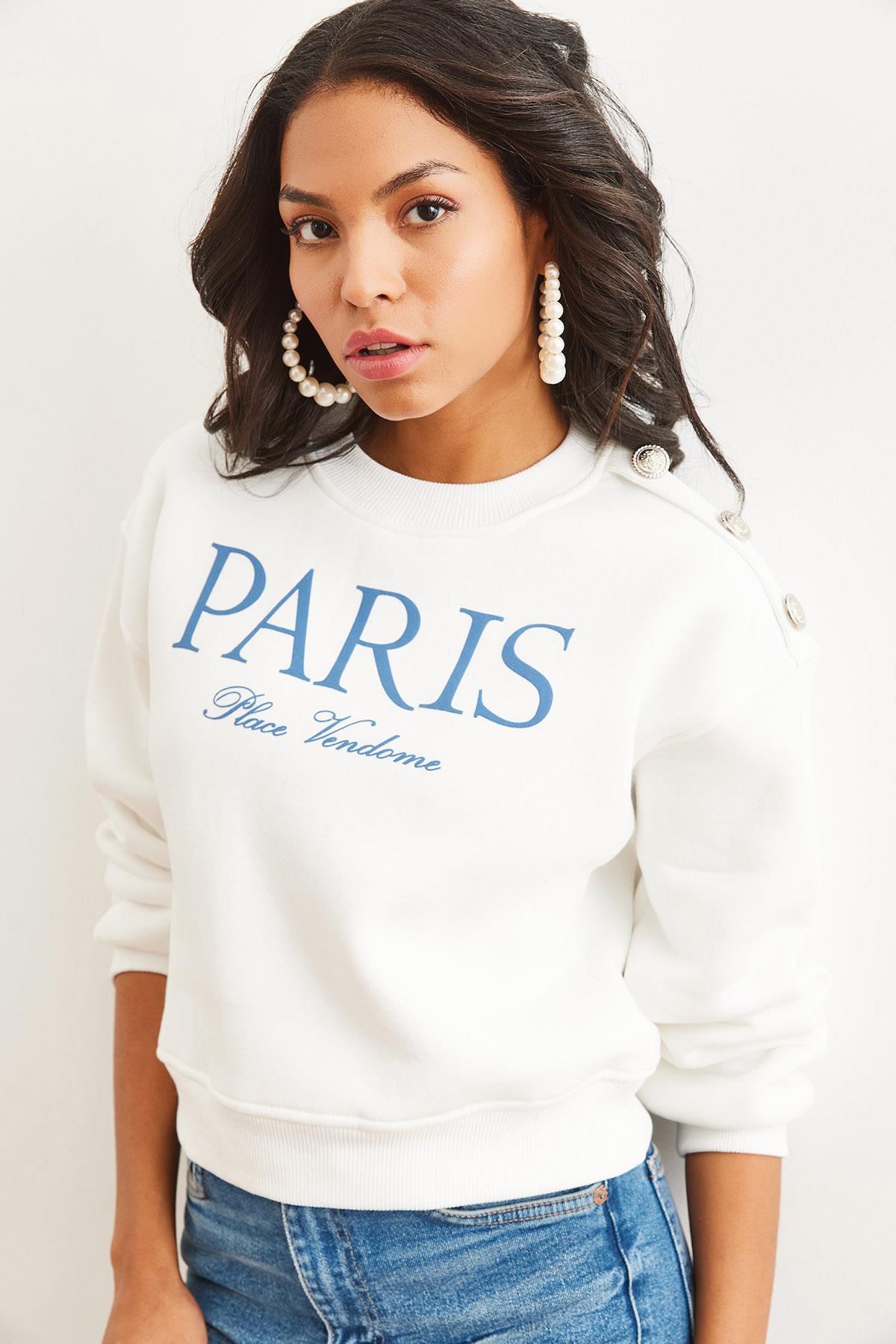 Omuzu Düğme Detaylı Şardonlu Crop Kalın Sweatshirt Beyaz