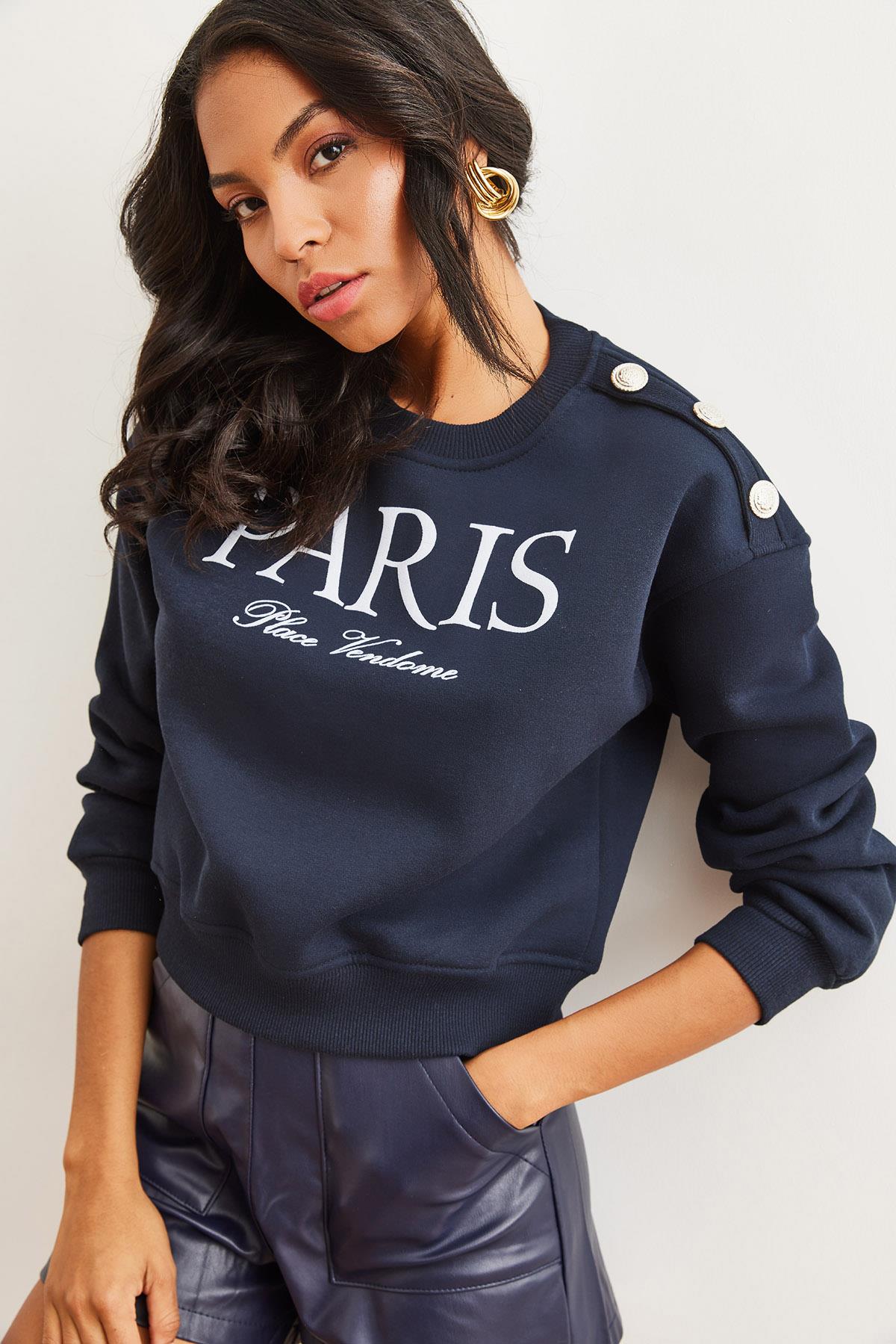 Omuzu Düğme Detaylı Şardonlu Crop Kalın Sweatshirt Lacivert