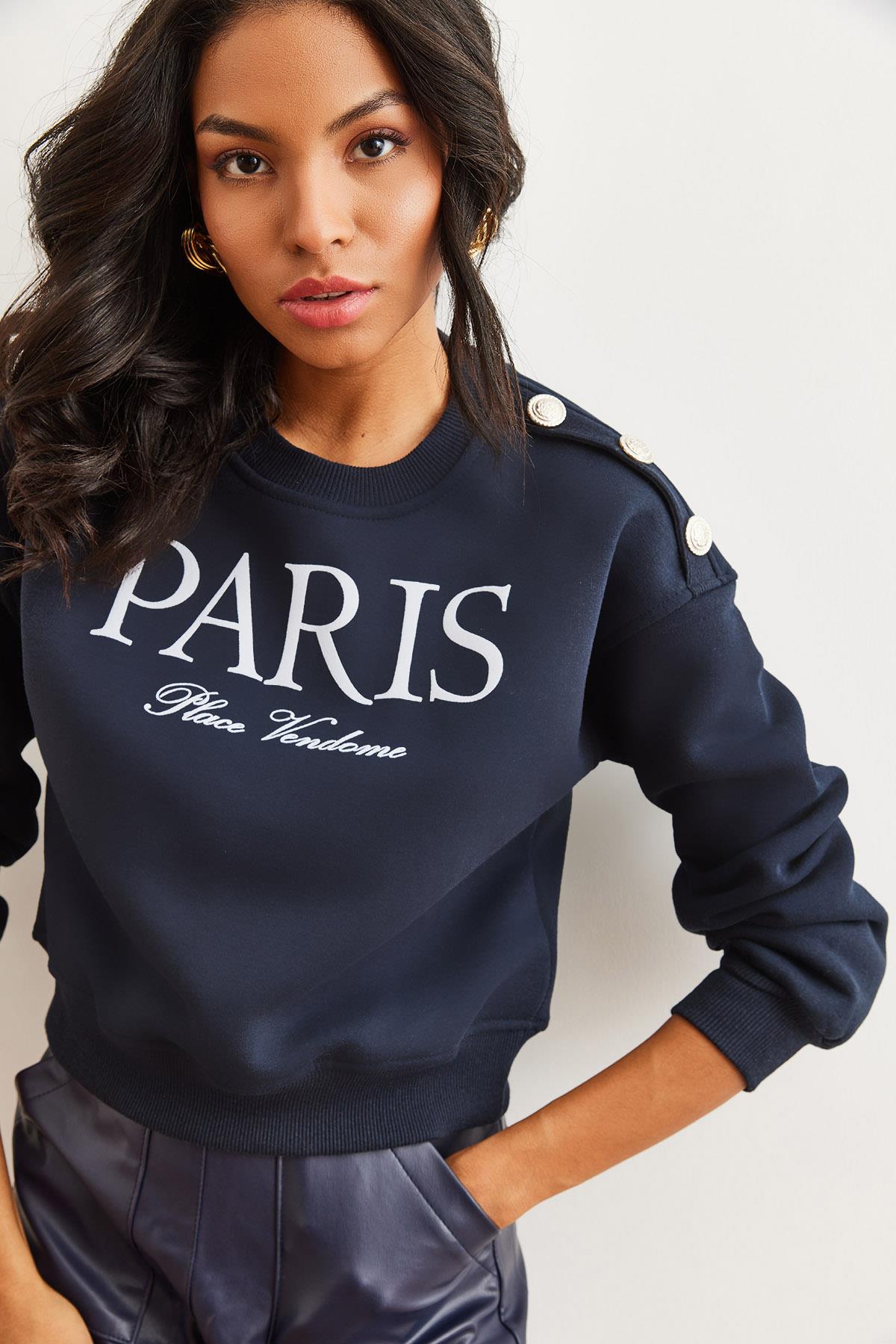 Omuzu Düğme Detaylı Şardonlu Crop Kalın Sweatshirt Lacivert