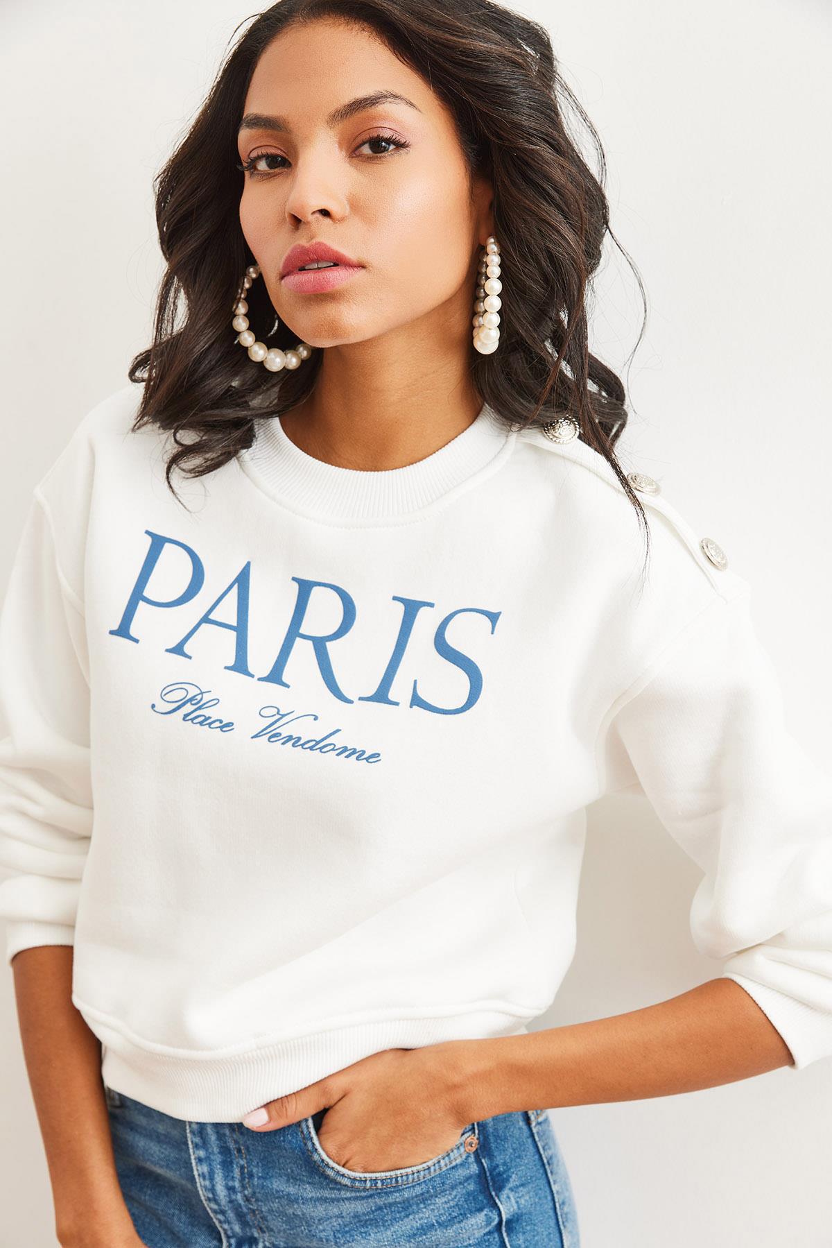 Omuzu Düğme Detaylı Şardonlu Crop Kalın Sweatshirt Beyaz