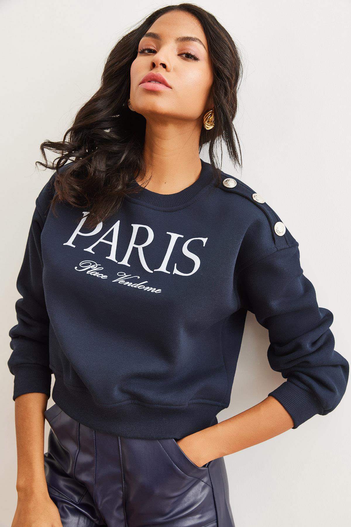 Omuzu Düğme Detaylı Şardonlu Crop Kalın Sweatshirt Lacivert