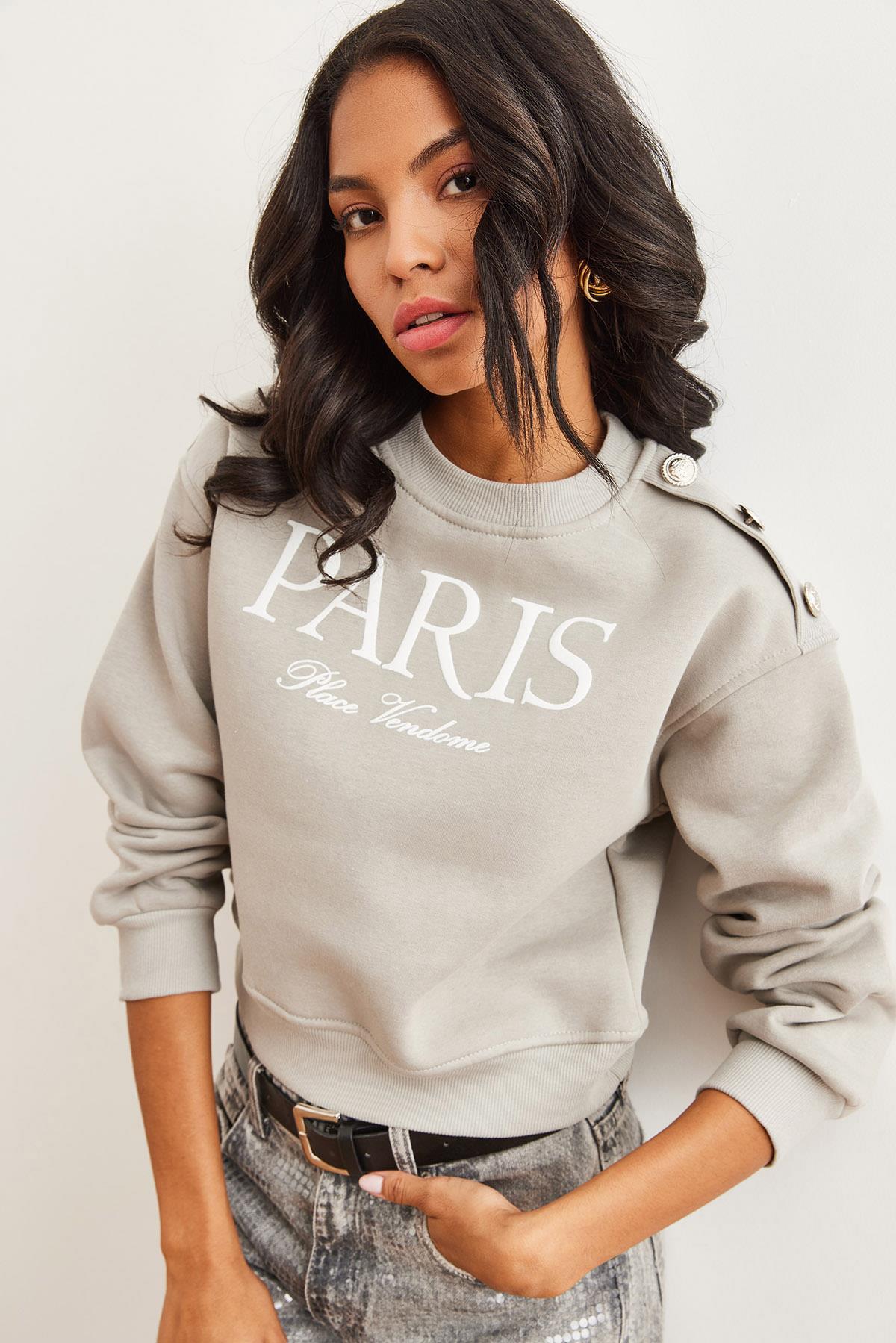 Omuzu Düğme Detaylı Şardonlu Crop Kalın Sweatshirt Yunus Gri