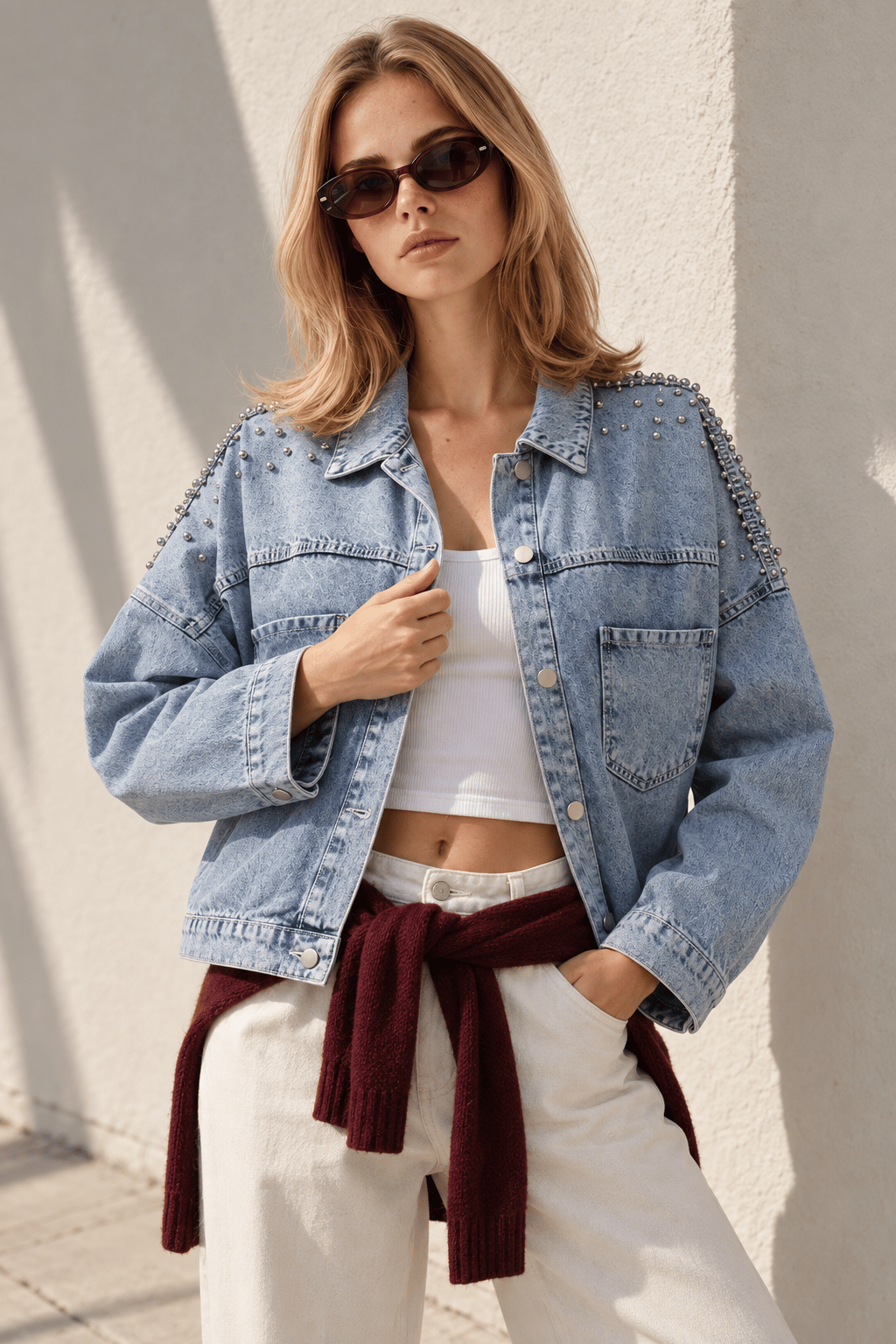 Omuzu Sırtı Metal Boncuk Garnili Pamuk Denim Ceket Mavi