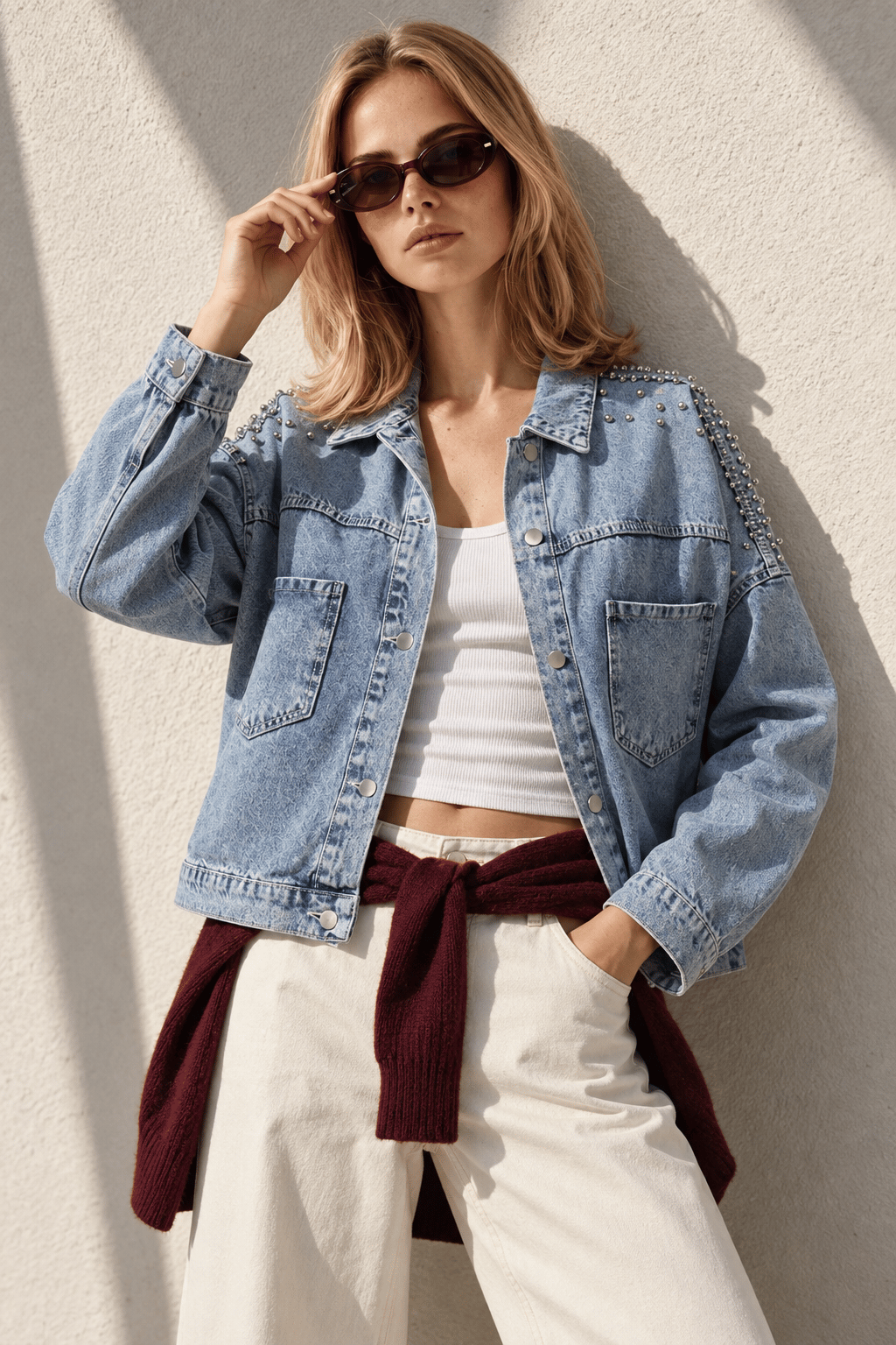 Omuzu Sırtı Metal Boncuk Garnili Pamuk Denim Ceket Mavi