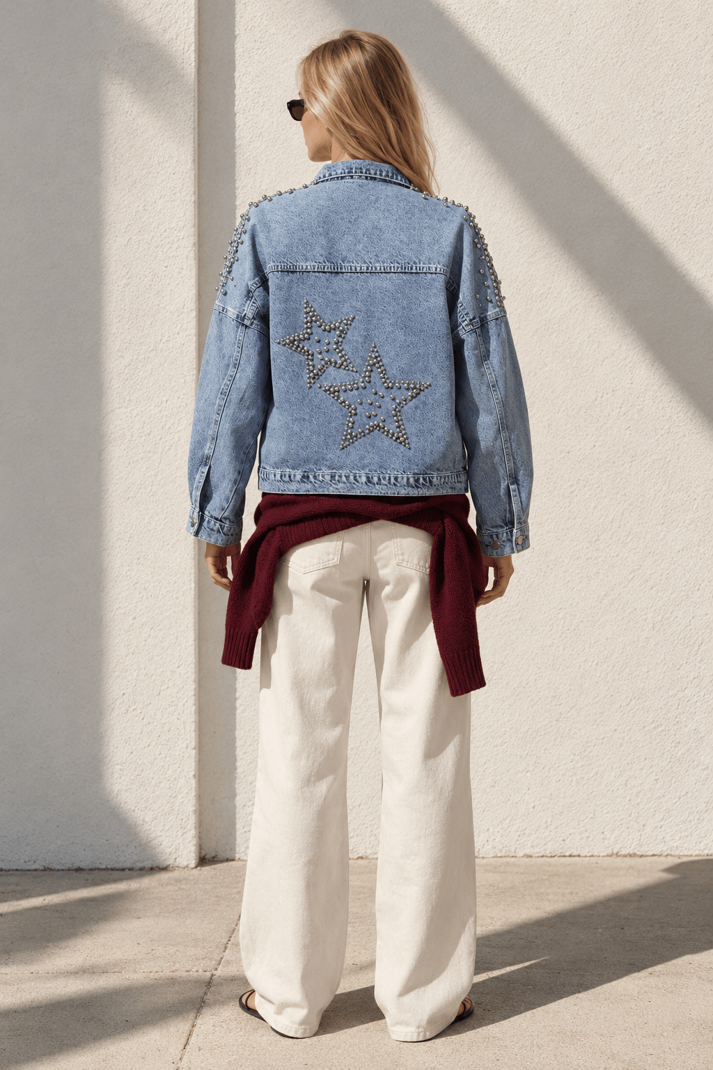 Omuzu Sırtı Metal Boncuk Garnili Pamuk Denim Ceket Mavi