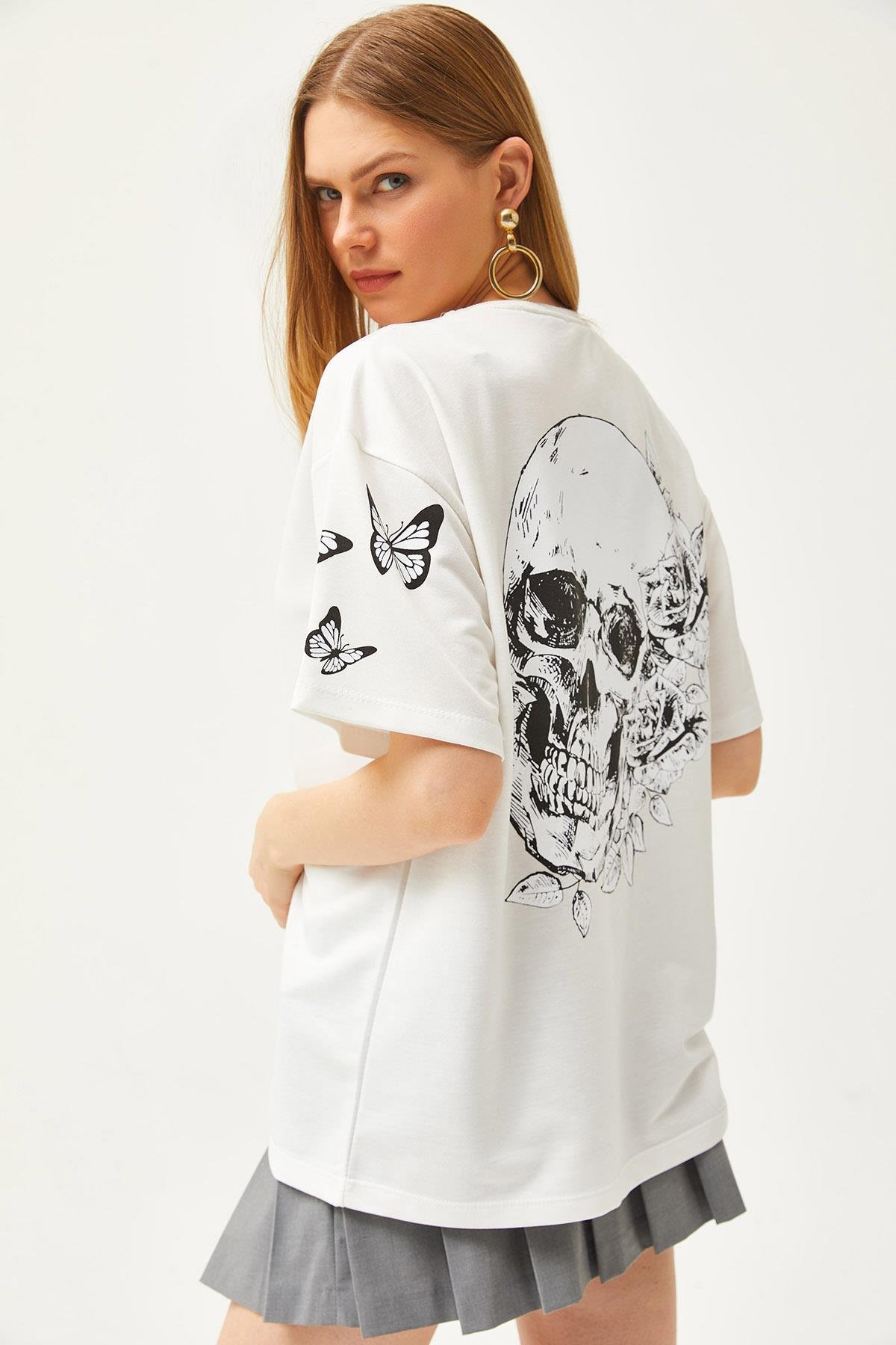 Ön Arka Baskılı 2 iplik Unisex Oversize Tişört Kuru Kafa Beyaz