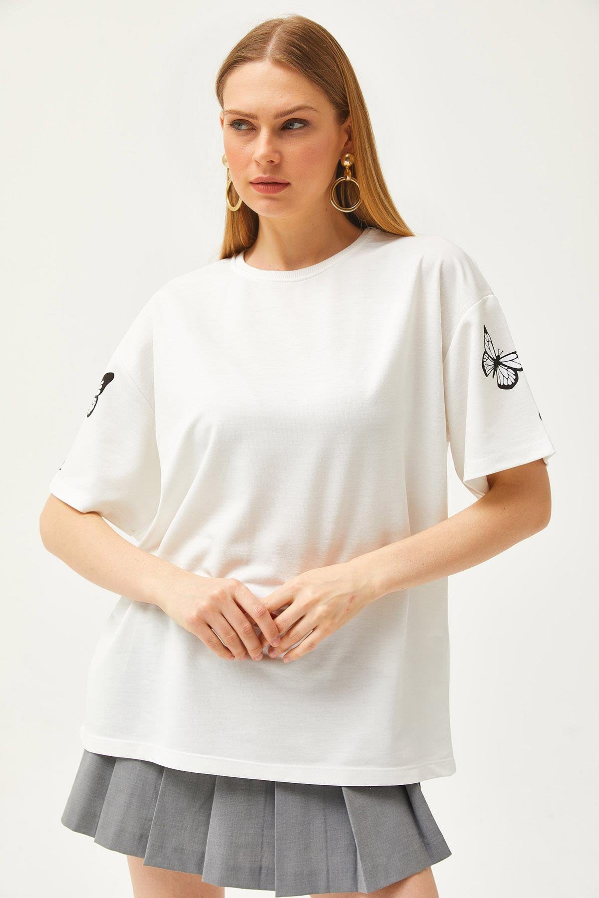 Ön Arka Baskılı 2 iplik Unisex Oversize Tişört Kuru Kafa Beyaz