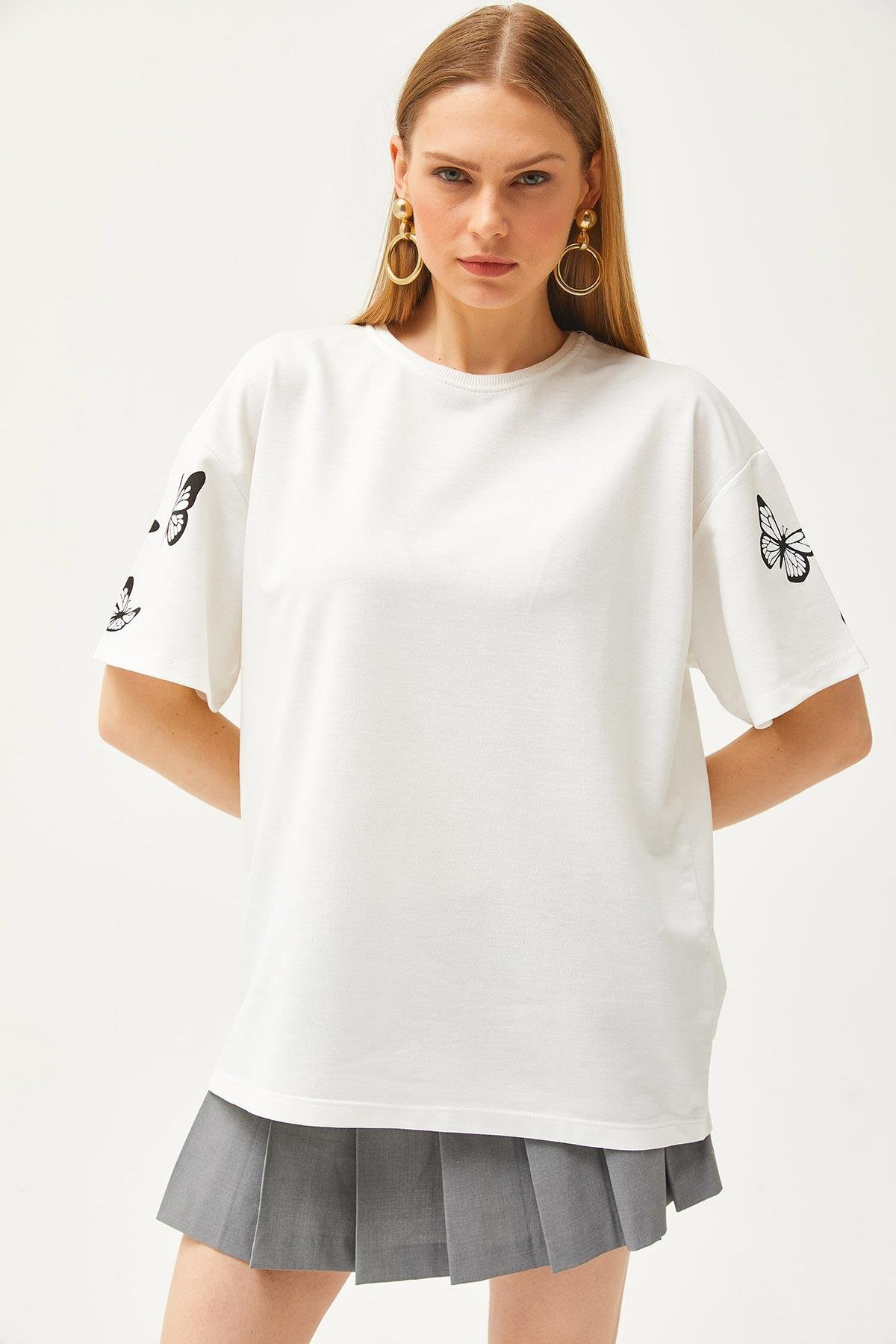 Ön Arka Baskılı 2 iplik Unisex Oversize Tişört Kuru Kafa Beyaz