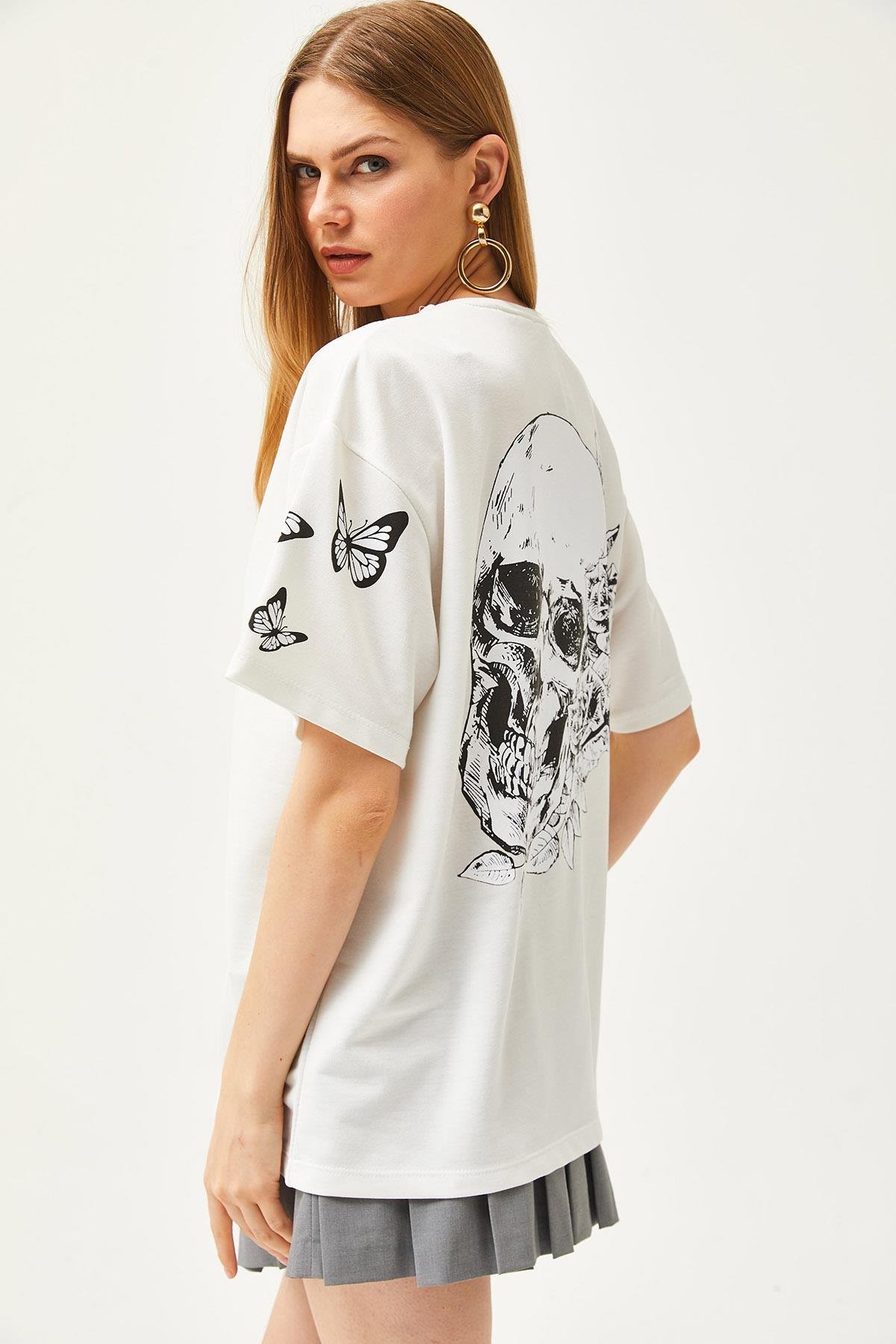 Ön Arka Baskılı 2 iplik Unisex Oversize Tişört Kuru Kafa Beyaz