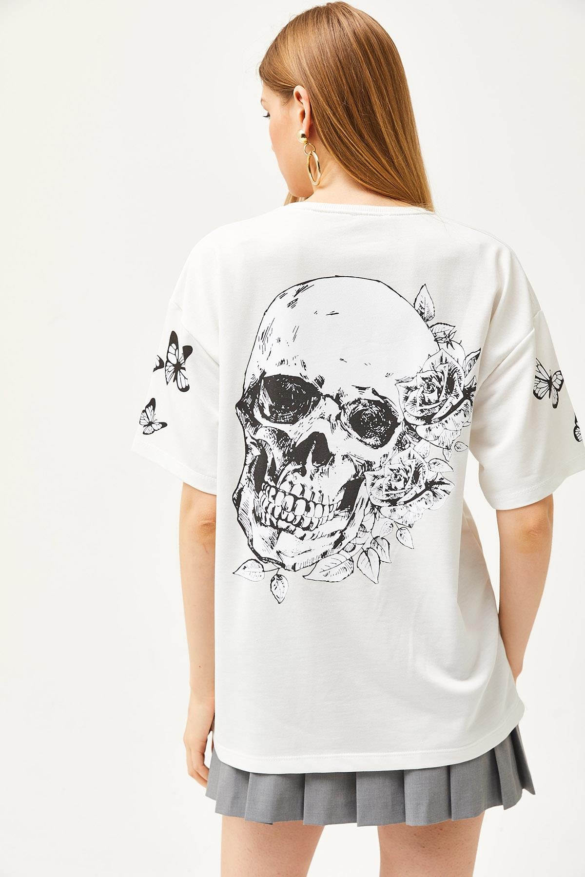 Ön Arka Baskılı 2 iplik Unisex Oversize Tişört Kuru Kafa Beyaz
