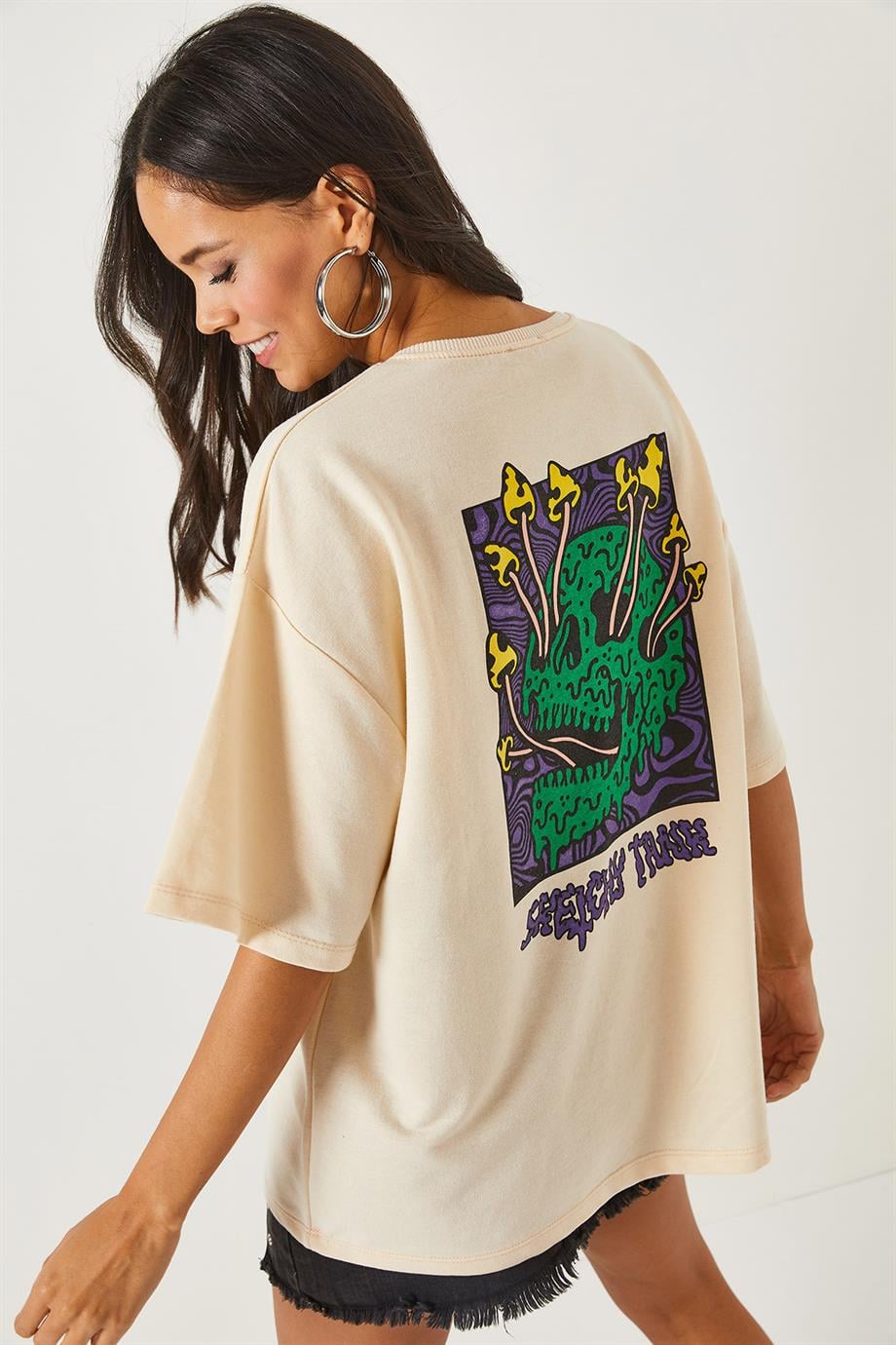 Ön Arka Baskılı 2 iplik Unisex Oversize Tişört Kuru Kafa Bej