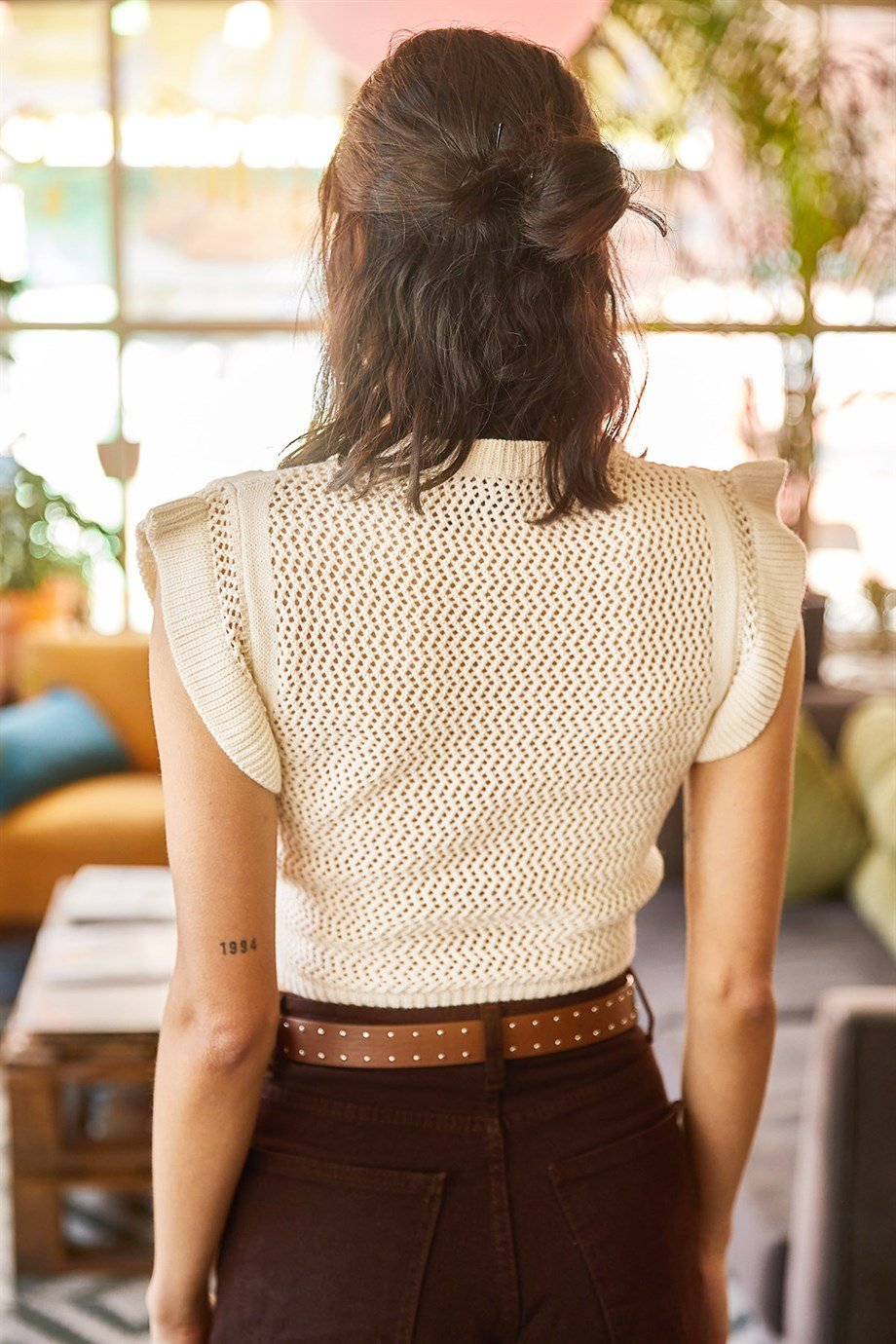 Ön Arka File Beli Lastikli Crop Triko Bluz Taş
