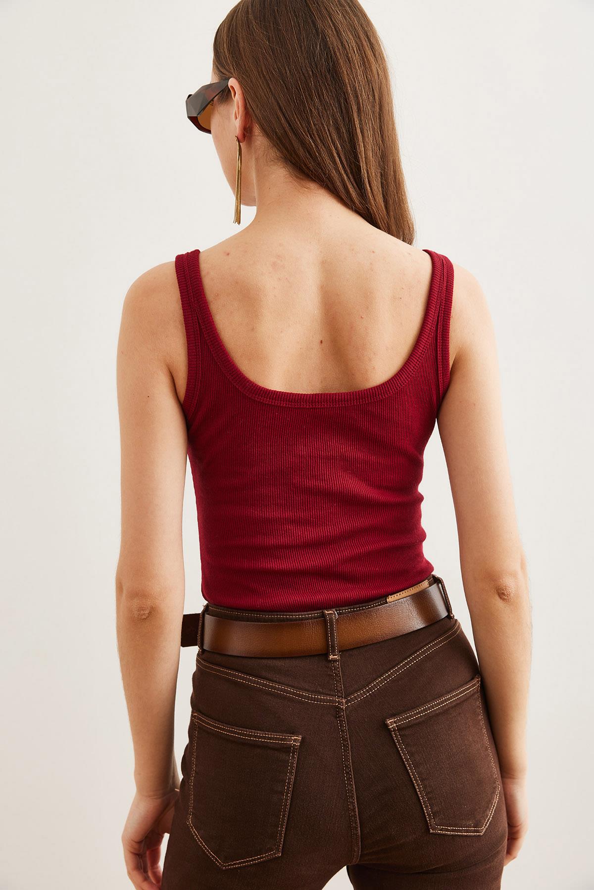 Ön Arka U Alt Çıtçıtlı Bodysuit Bordo