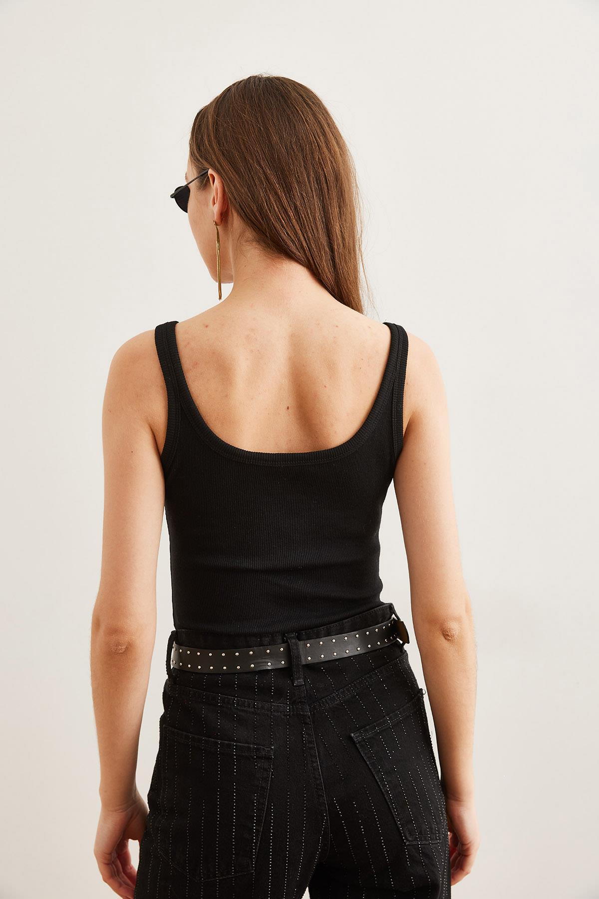 Ön Arka U Alt Çıtçıtlı Bodysuit Siyah