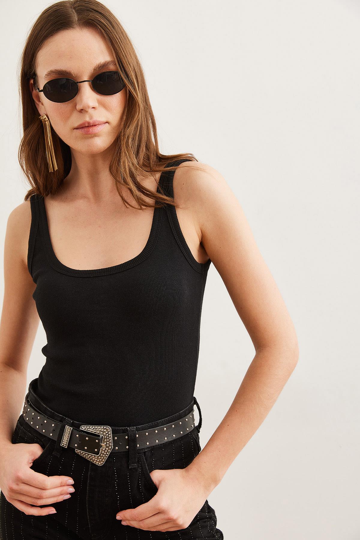 Ön Arka U Alt Çıtçıtlı Bodysuit Siyah