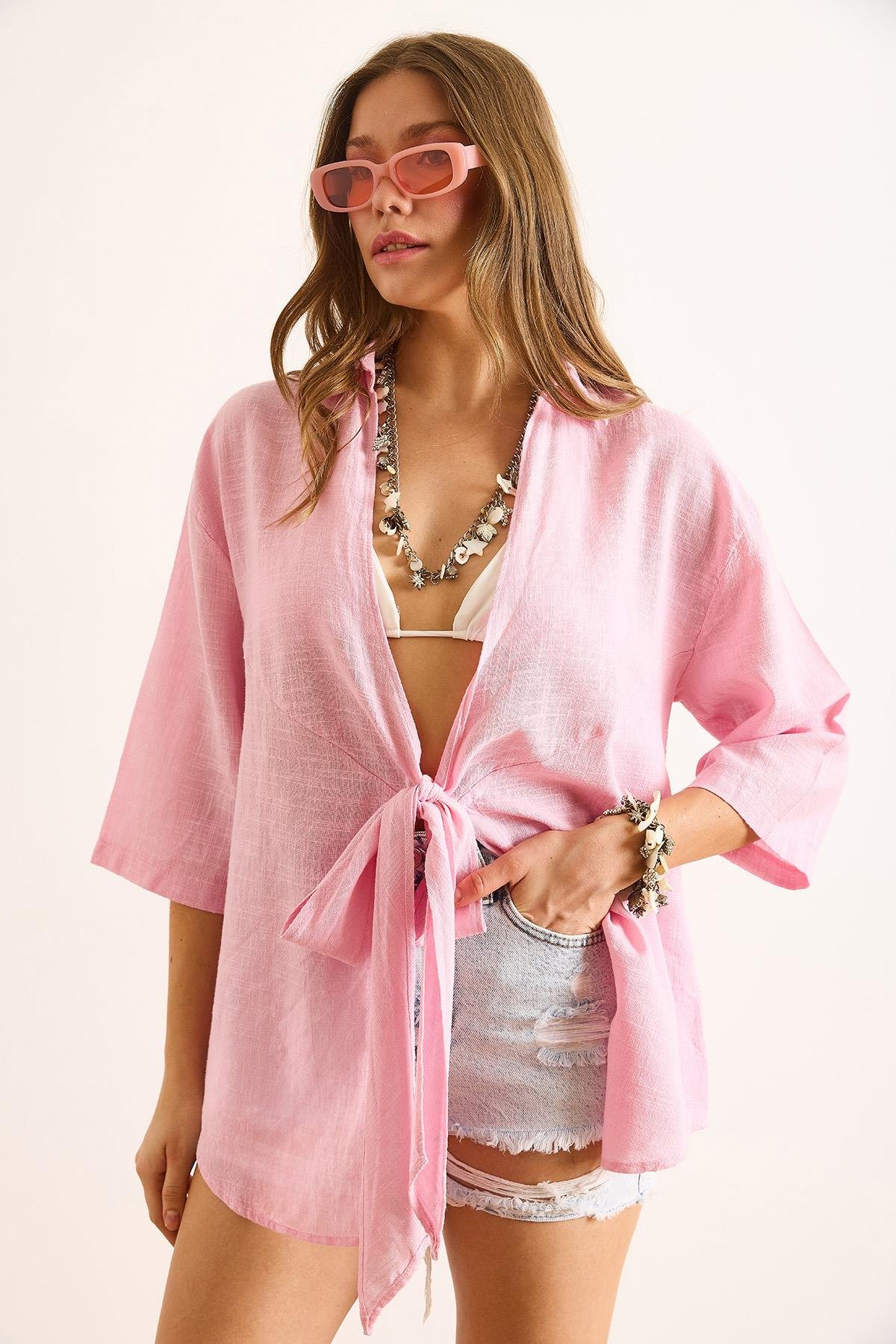 Önü Bağcıklı Flam Keten Salaş Kimono Pembe