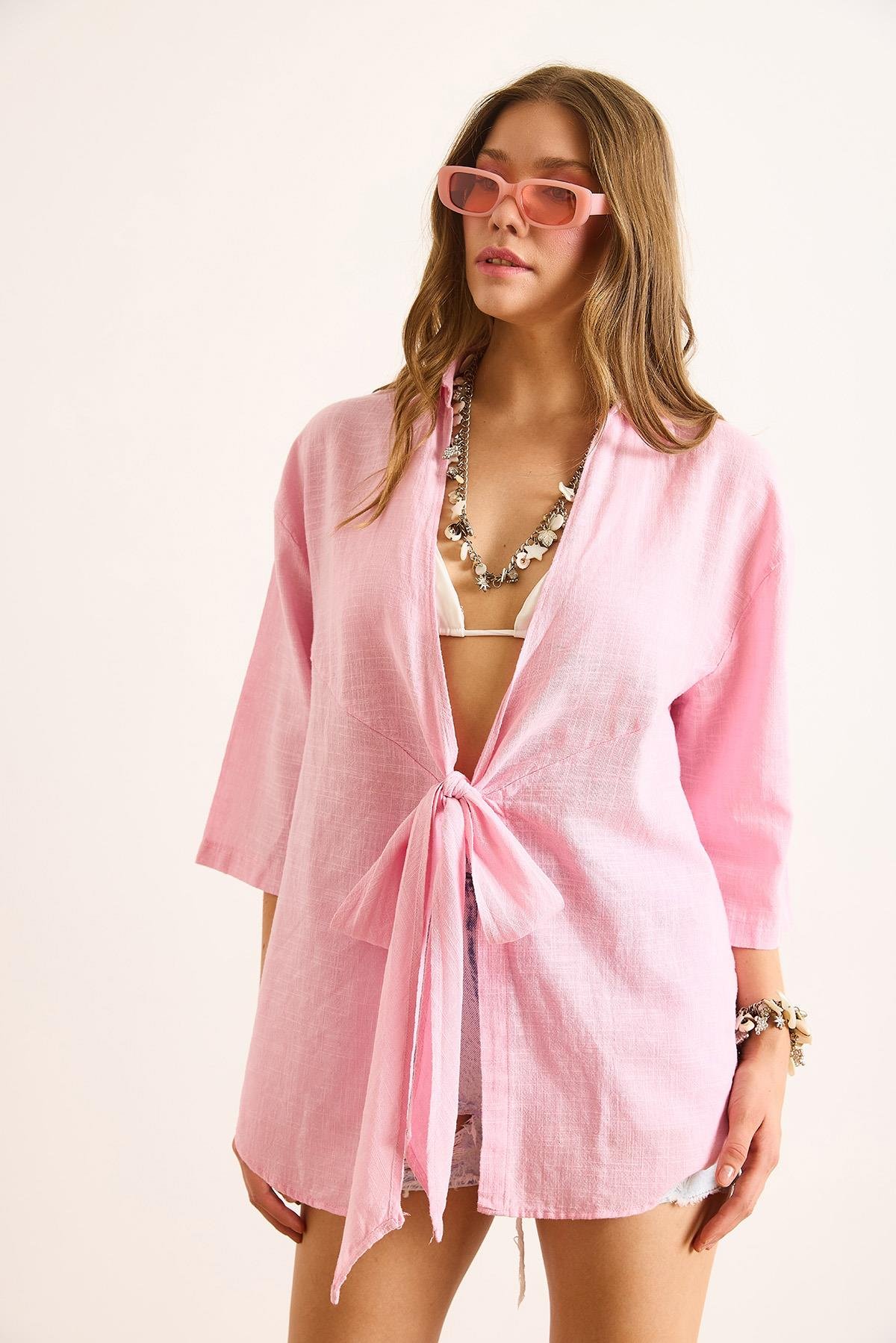 Önü Bağcıklı Flam Keten Salaş Kimono Pembe