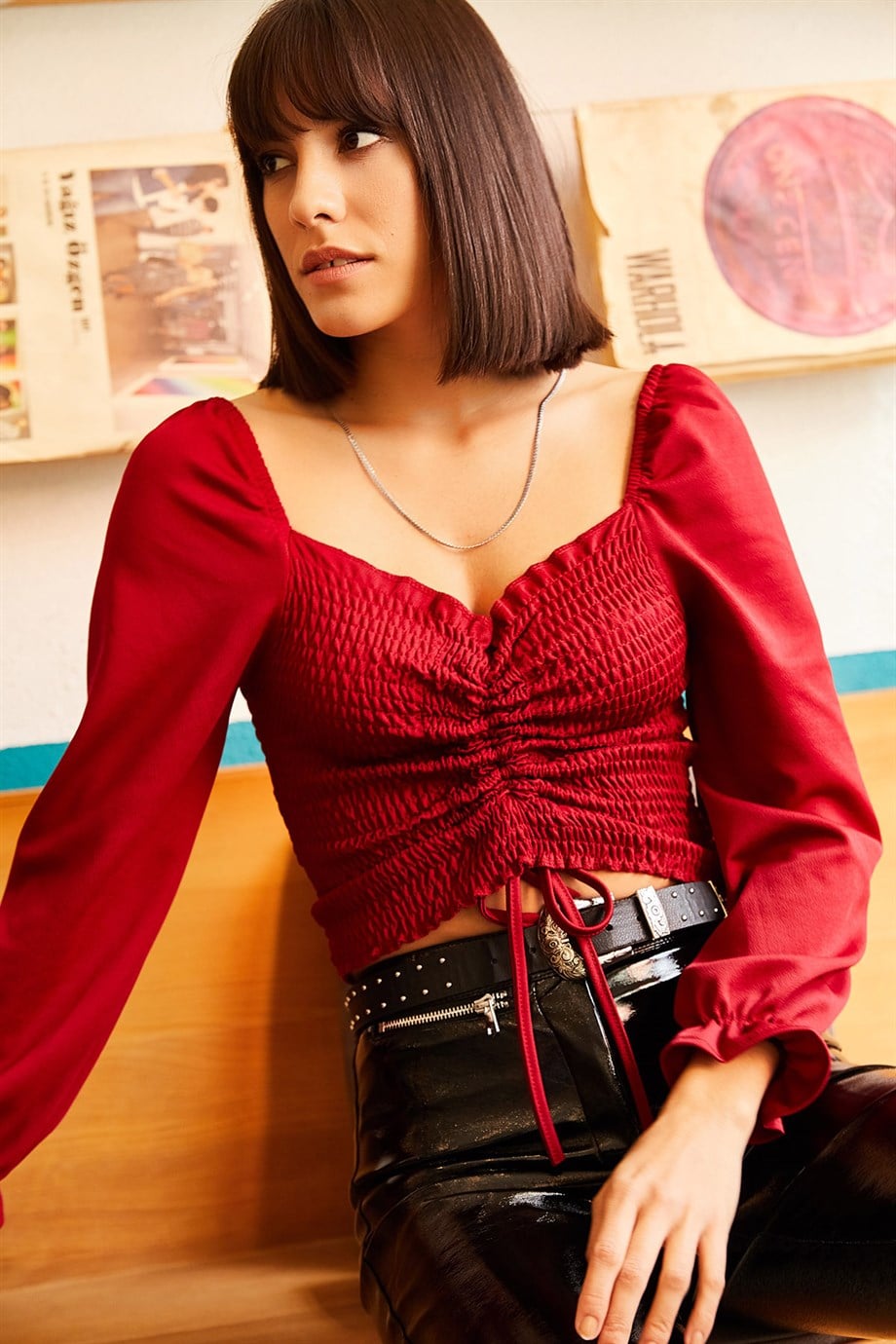 Önü Büzgülü Gipeli Örme Bluz Bordo