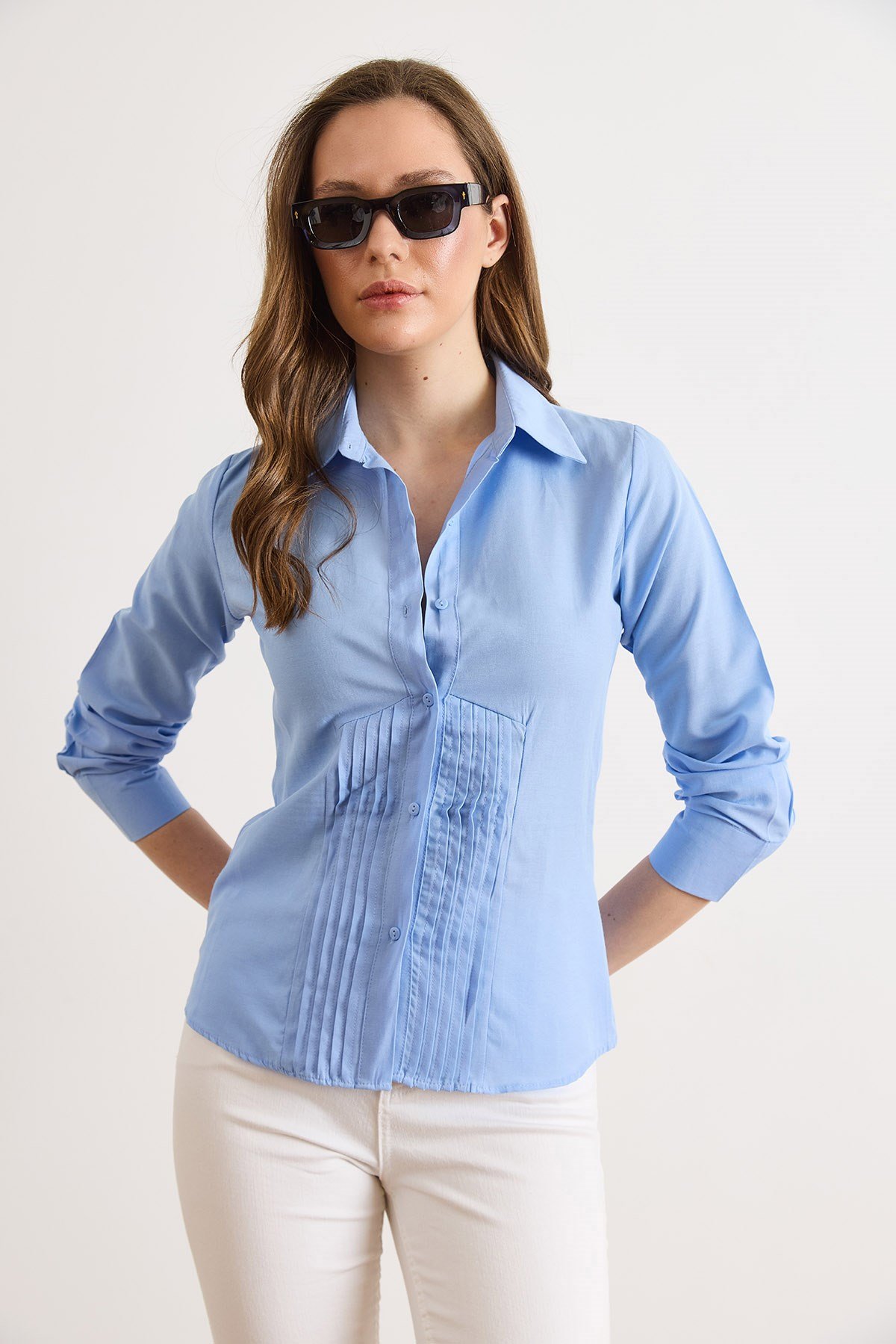 Önü Pensli Slim Fit Dokuma Gömlek Bebe Mavi
