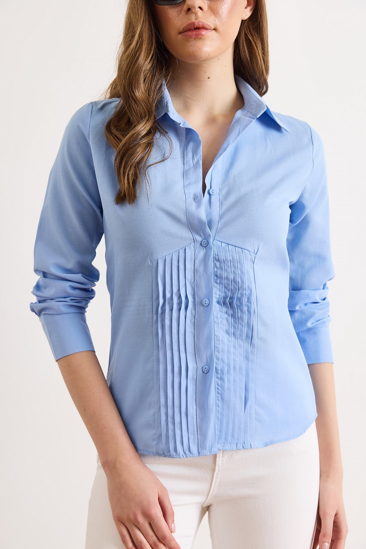 Önü Pensli Slim Fit Dokuma Gömlek Bebe Mavi