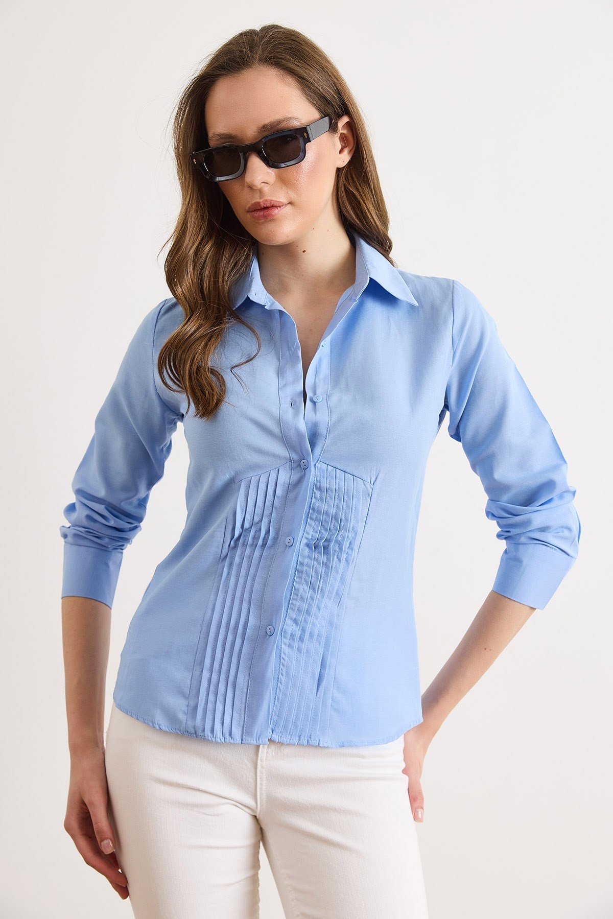 Önü Pensli Slim Fit Dokuma Gömlek Bebe Mavi