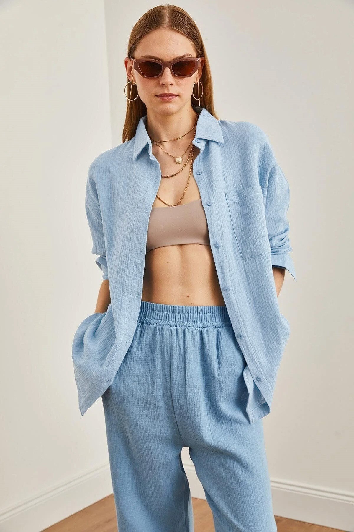 Oversize Basic Müslin Gömlek Bebe Mavi