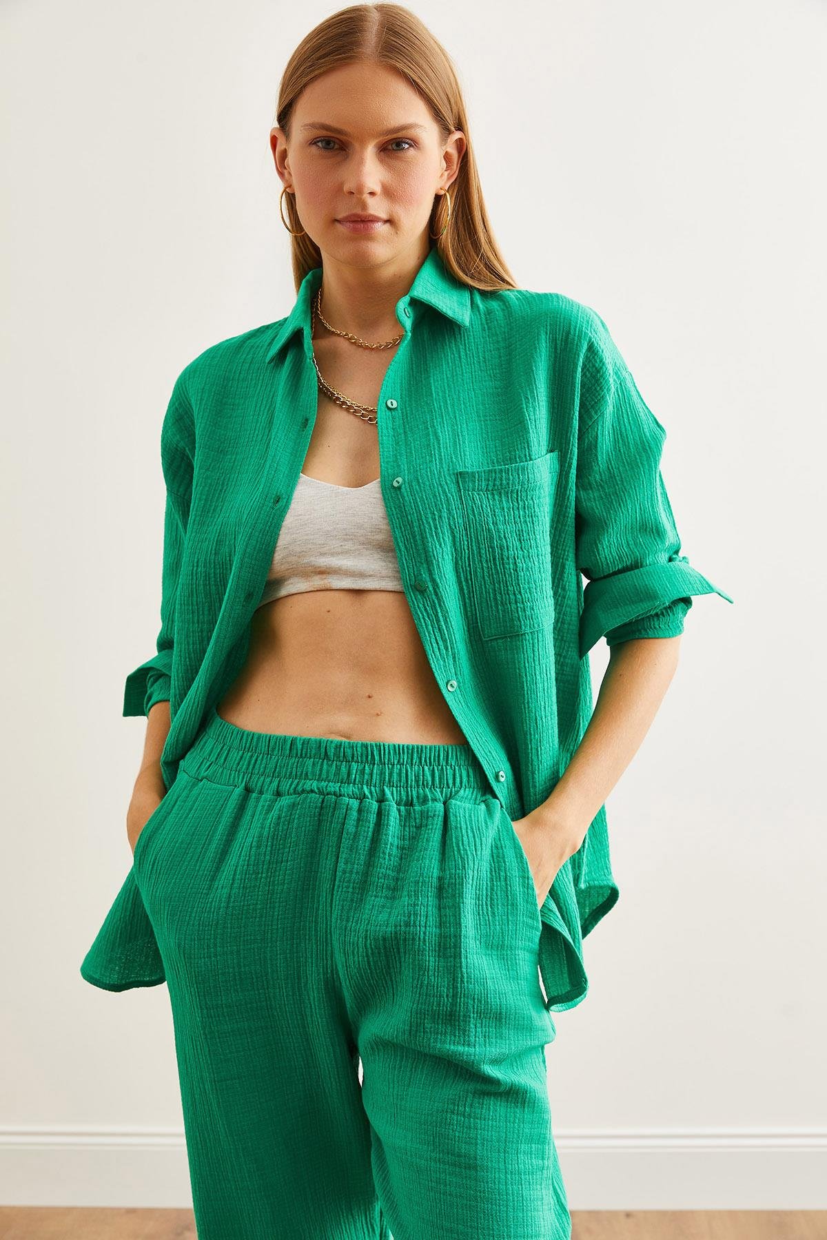 Oversize Basic Müslin Gömlek Çimen Yeşili