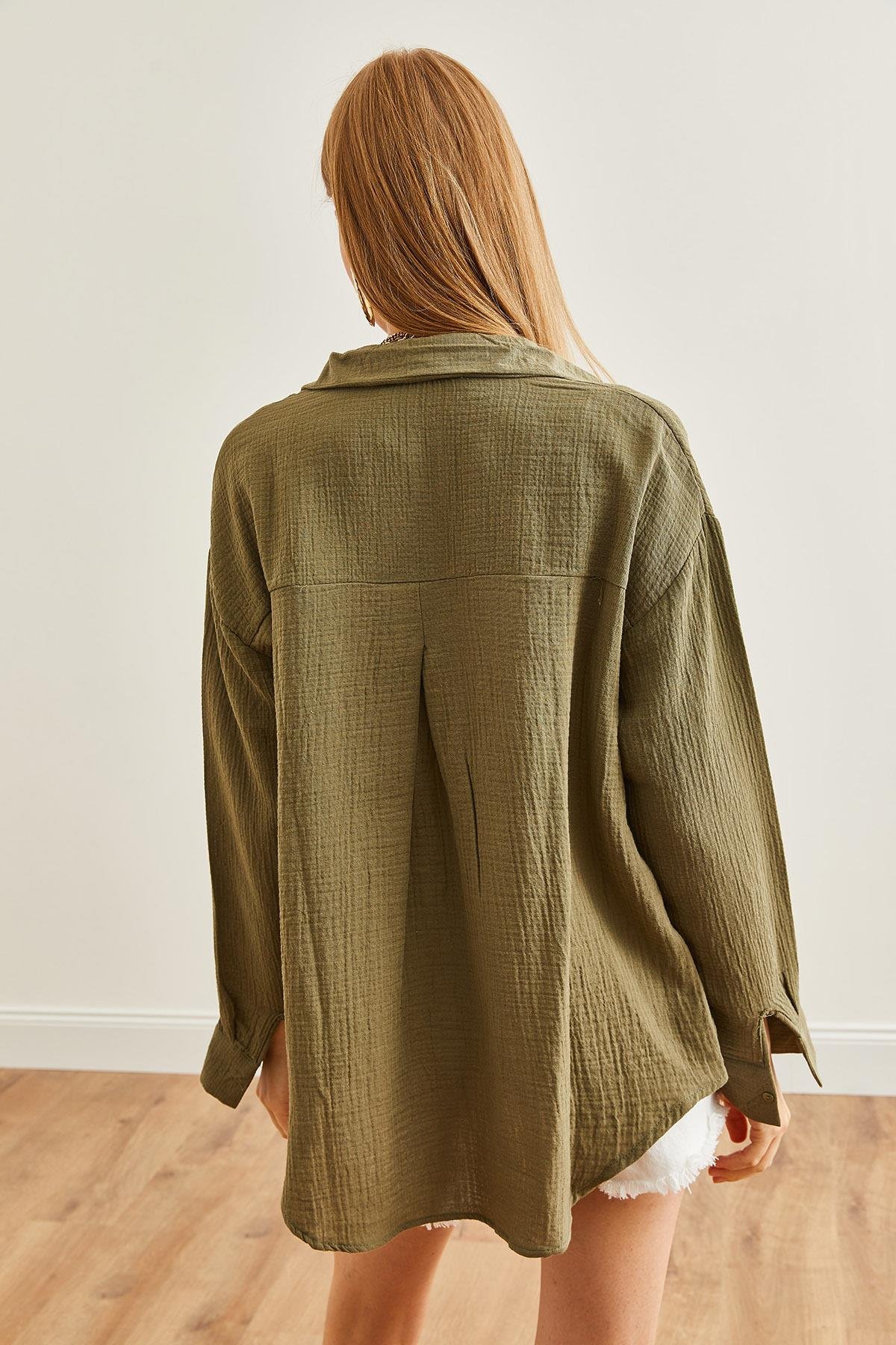 Oversize Basic Müslin Gömlek Haki