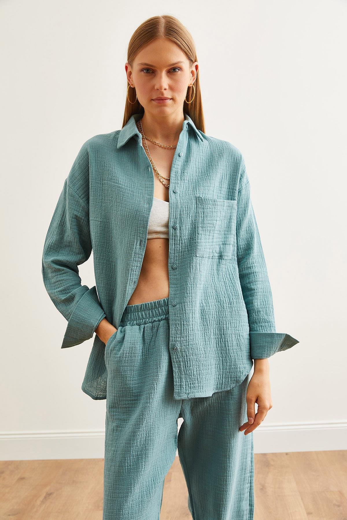 Oversize Basic Müslin Gömlek Mint Yeşili