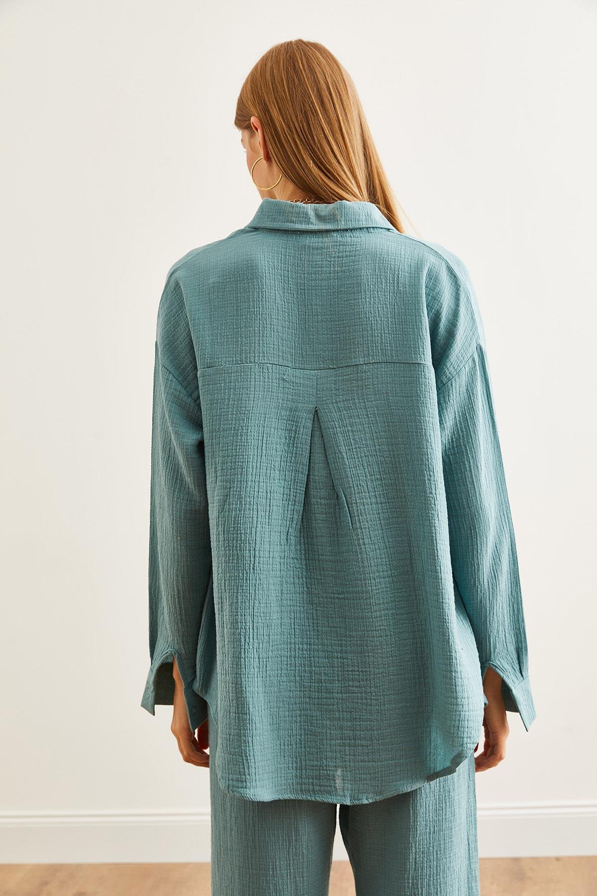 Oversize Basic Müslin Gömlek Mint Yeşili