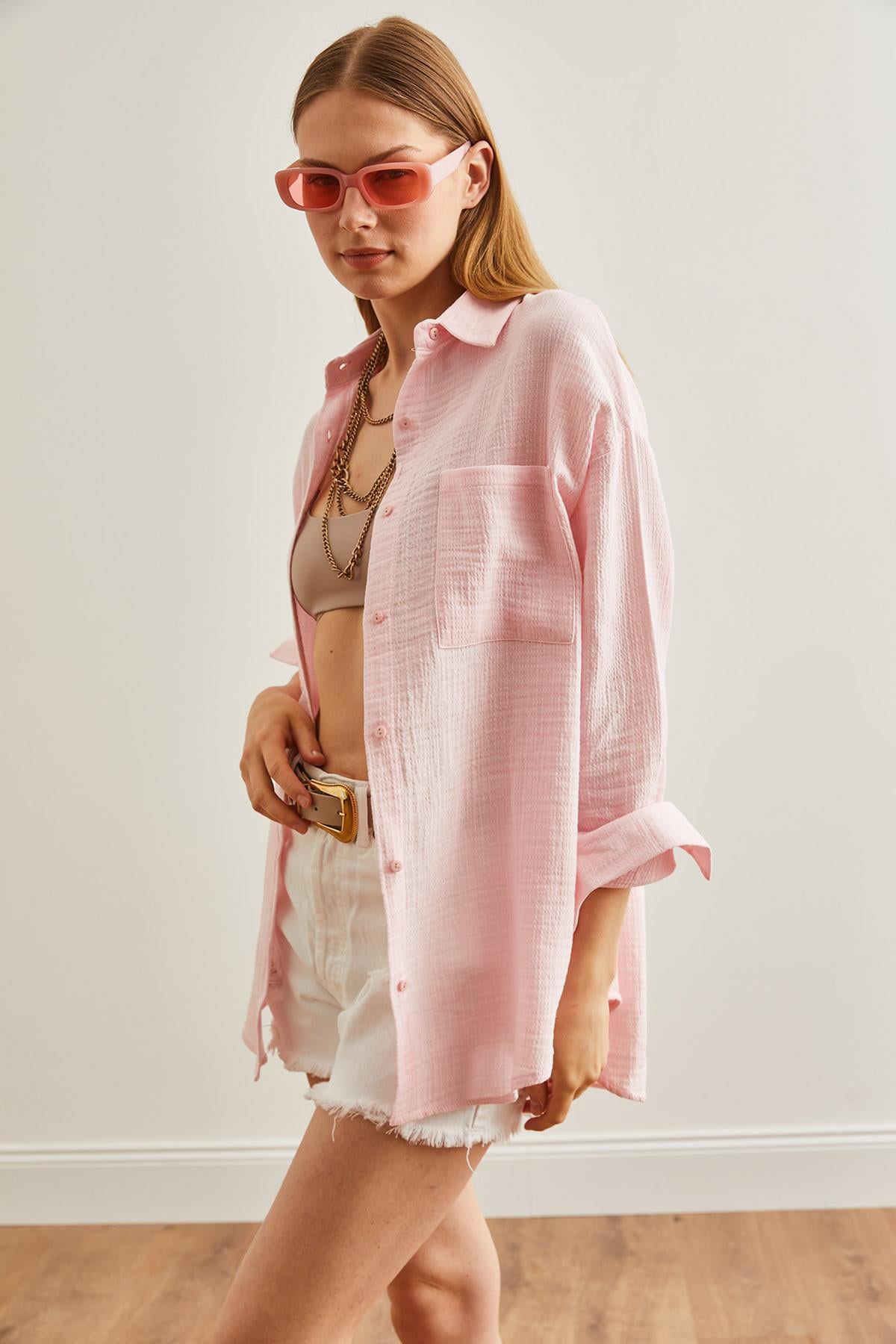 Oversize Basic Müslin Gömlek Şeker Pembe