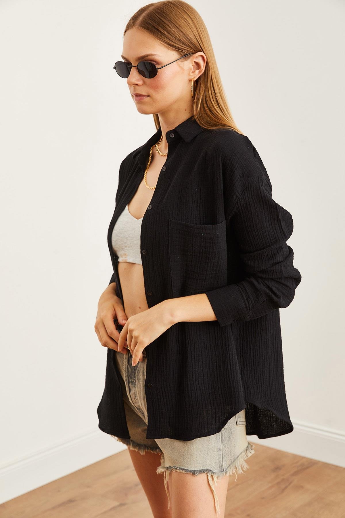Oversize Basic Müslin Gömlek Siyah