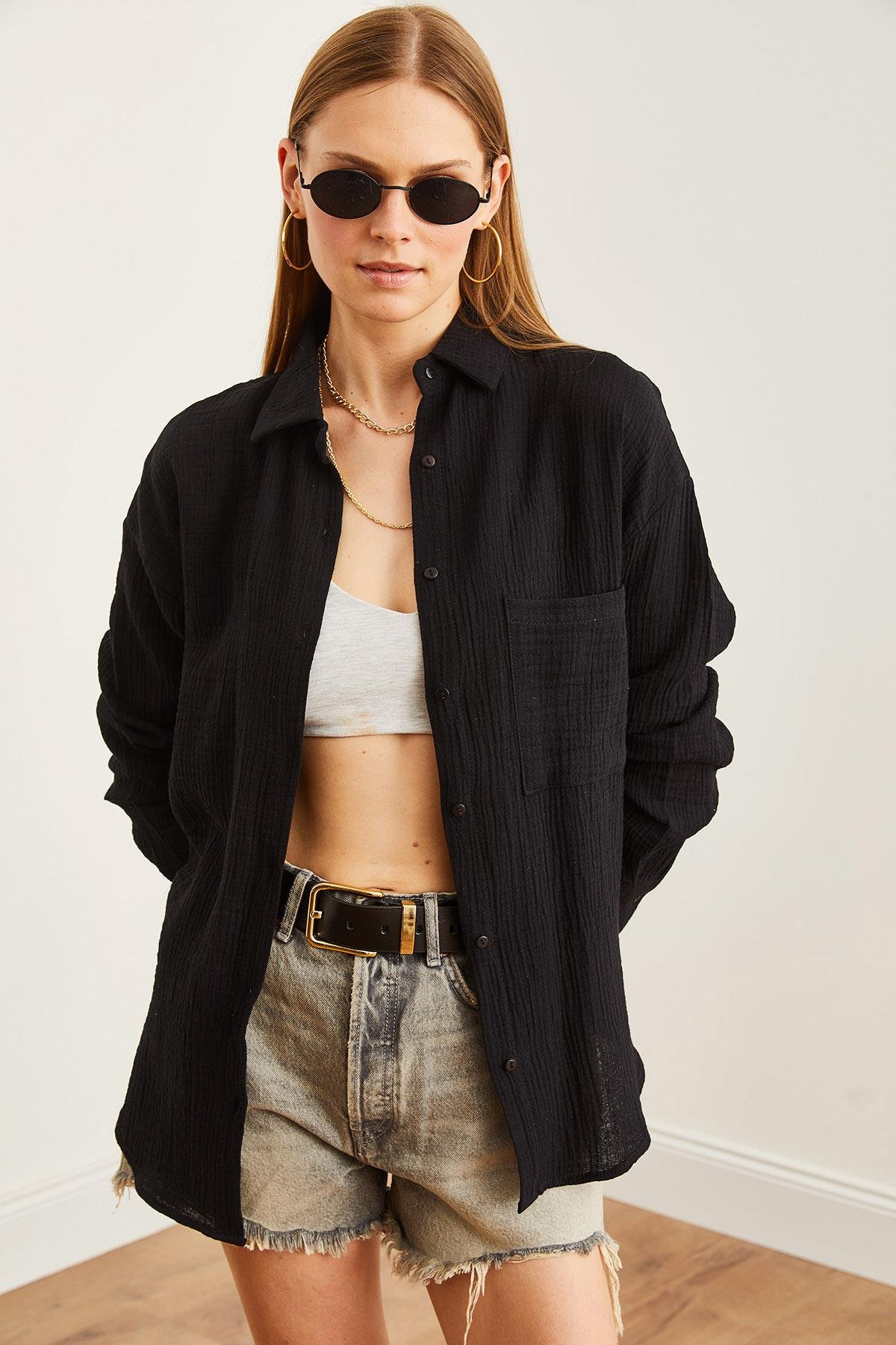 Oversize Basic Müslin Gömlek Siyah