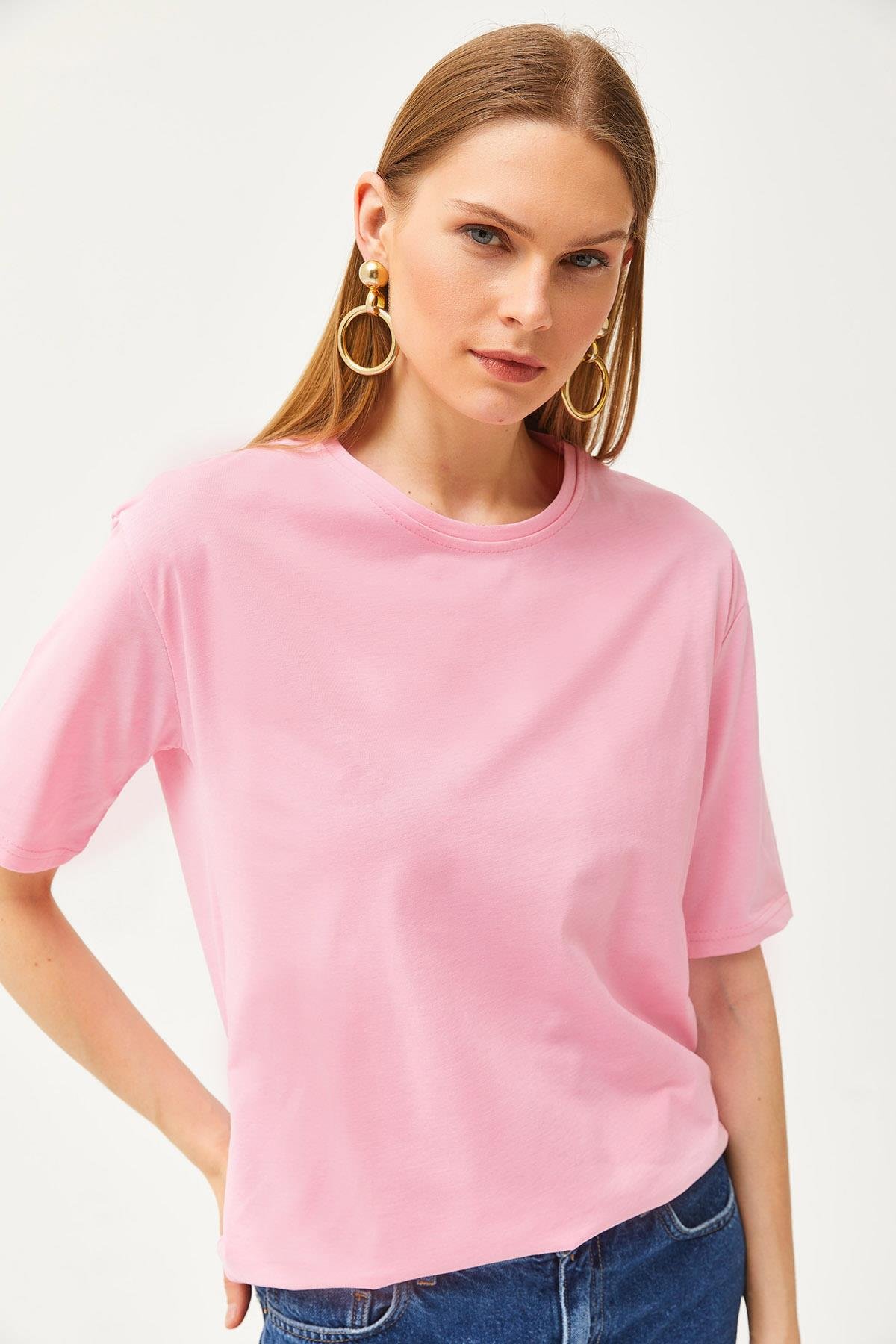 Oversize Bisiklet Yaka Tişört Şeker Pembe