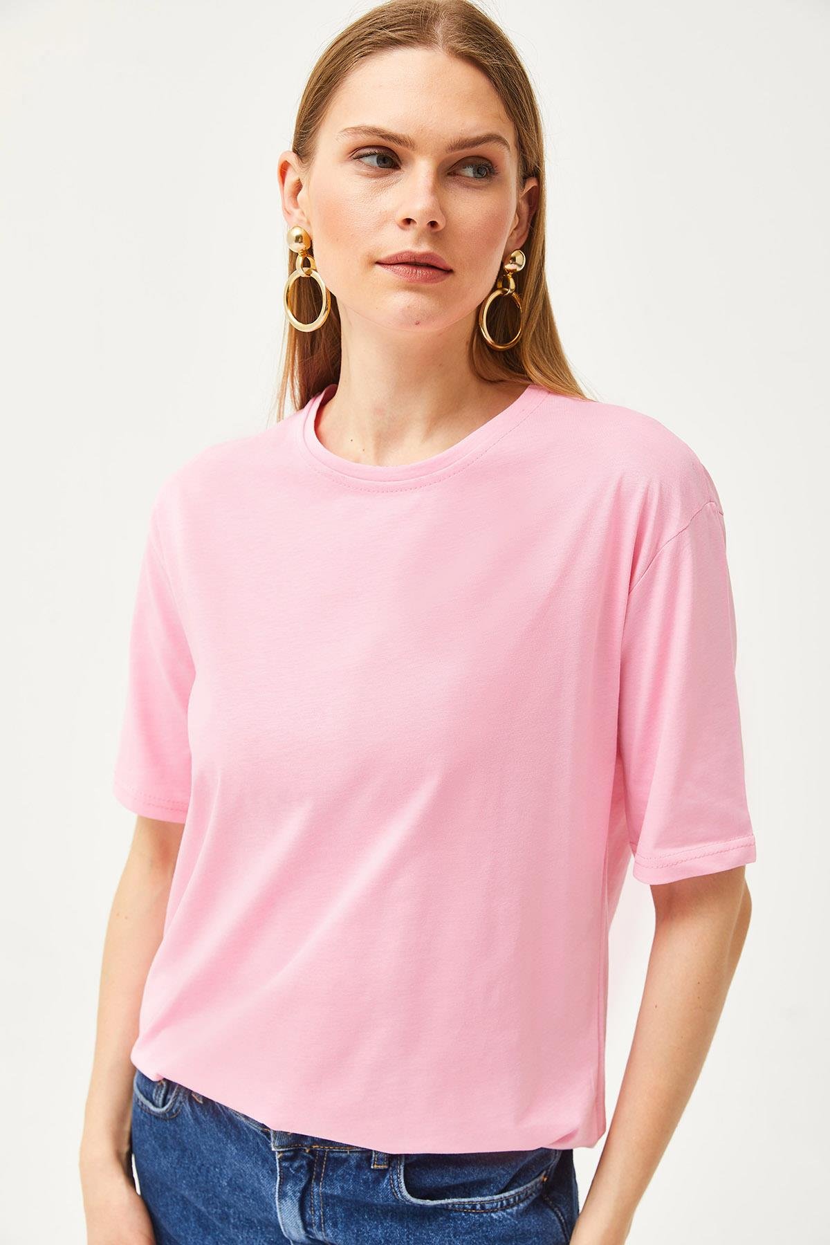 Oversize Bisiklet Yaka Tişört Şeker Pembe