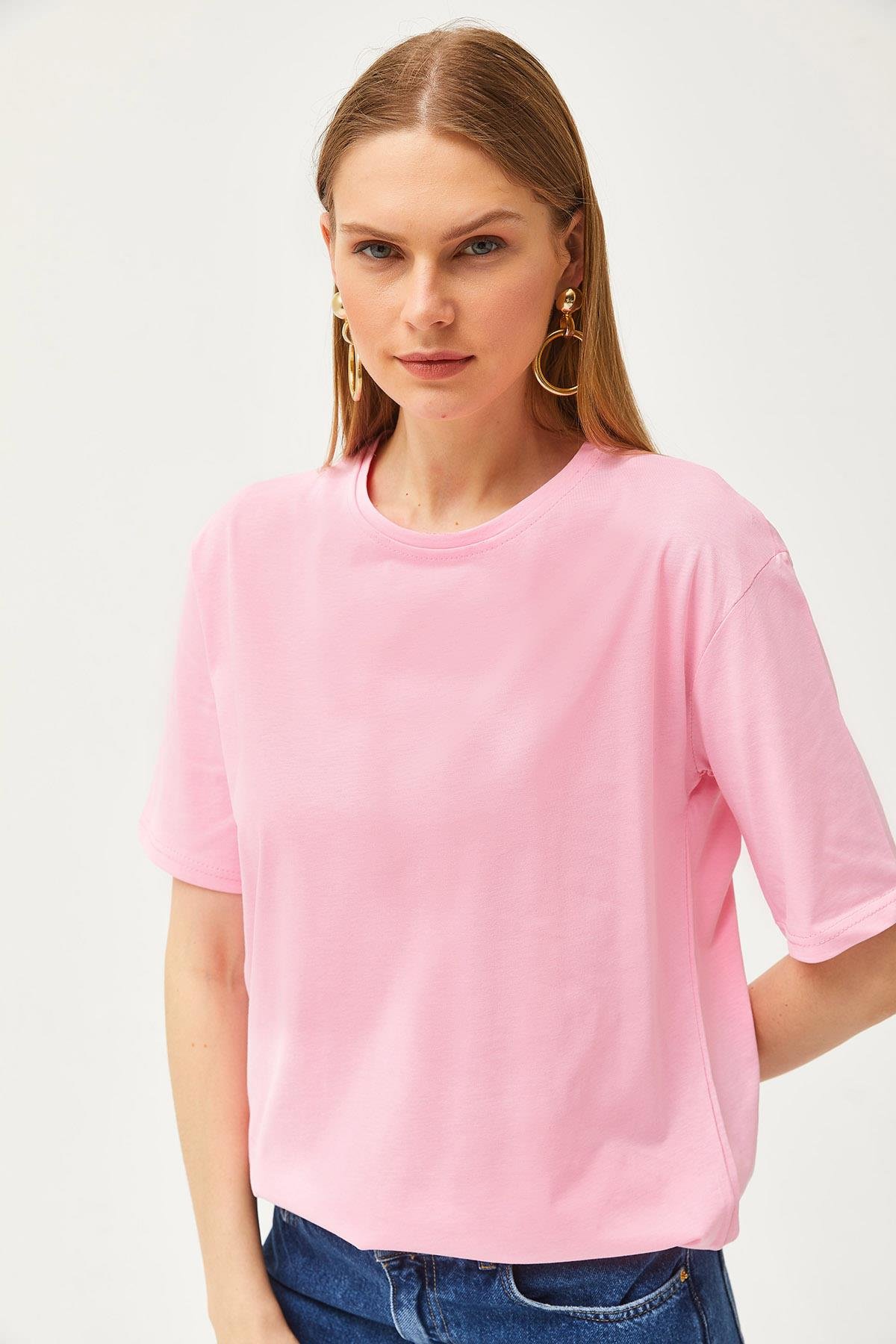 Oversize Bisiklet Yaka Tişört Şeker Pembe