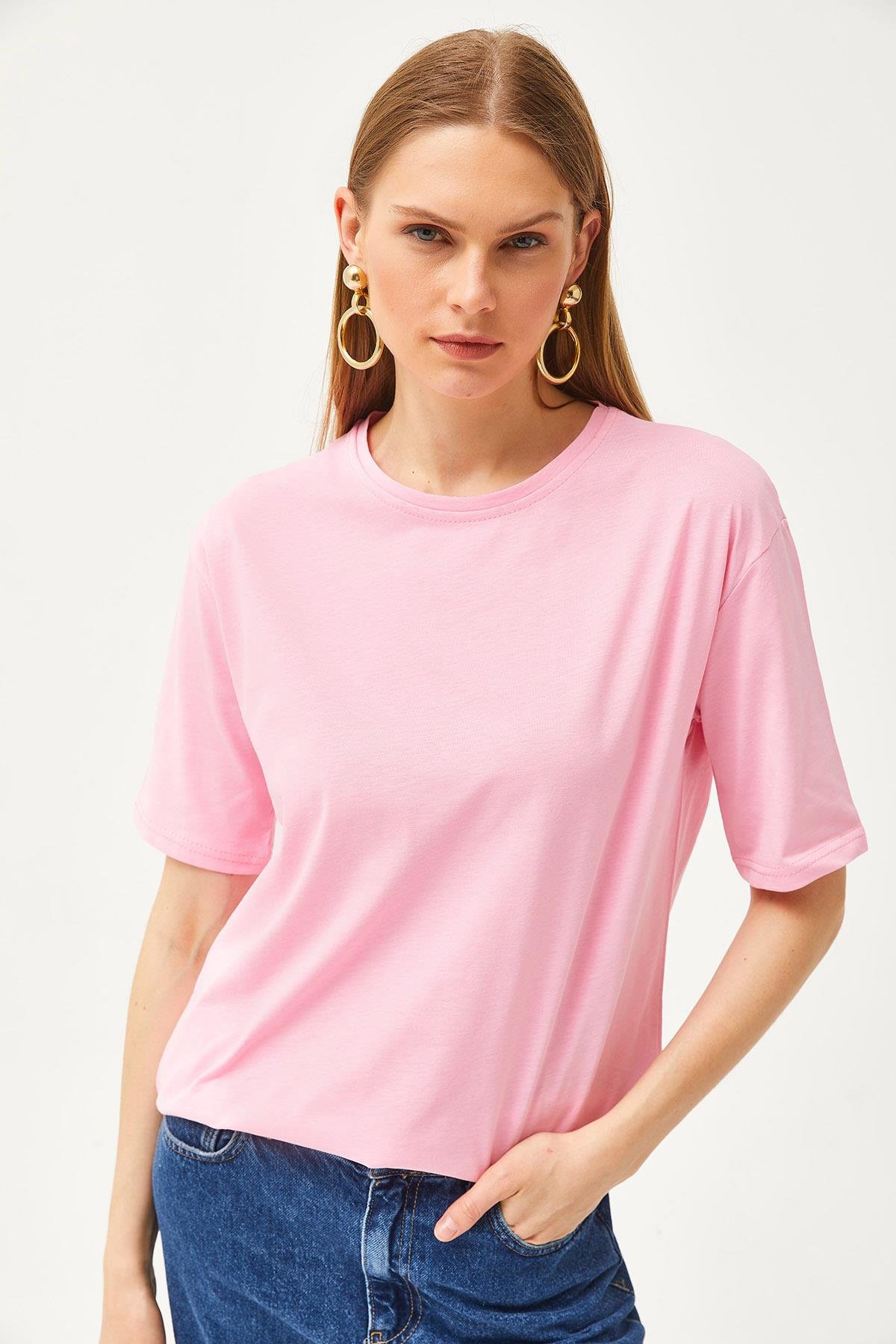 Oversize Bisiklet Yaka Tişört Şeker Pembe